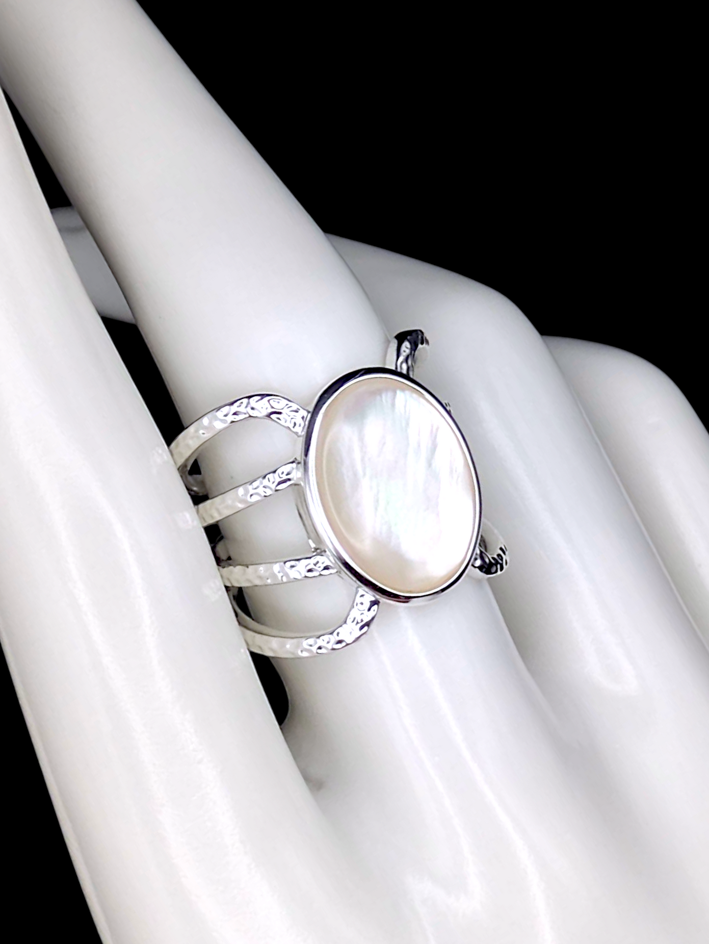 Vintage Inspired Oval Mother of Pearl Solitaire With Split Shank Silver Toned Cocktail Statement Ring