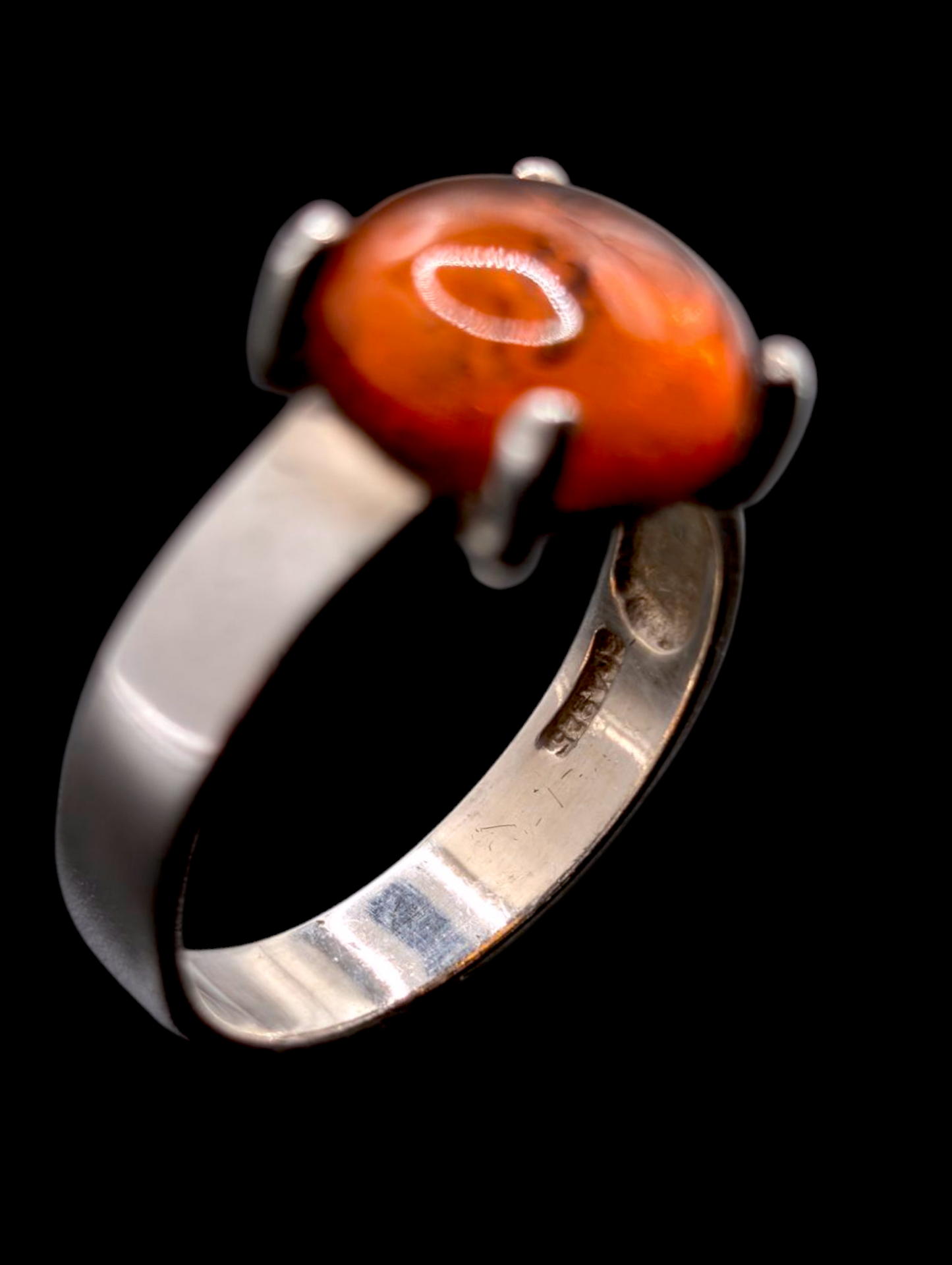 Vintage Cabochon Prong Set Genuine Golden Baltic Amber Wide Band Sterling Silver Ring