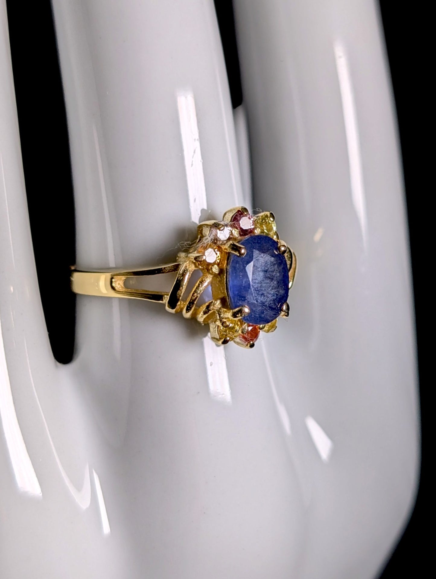 Vintage Genuine Sapphire Solitaire with Fancy Sapphire Accents Gold over Sterling Ring