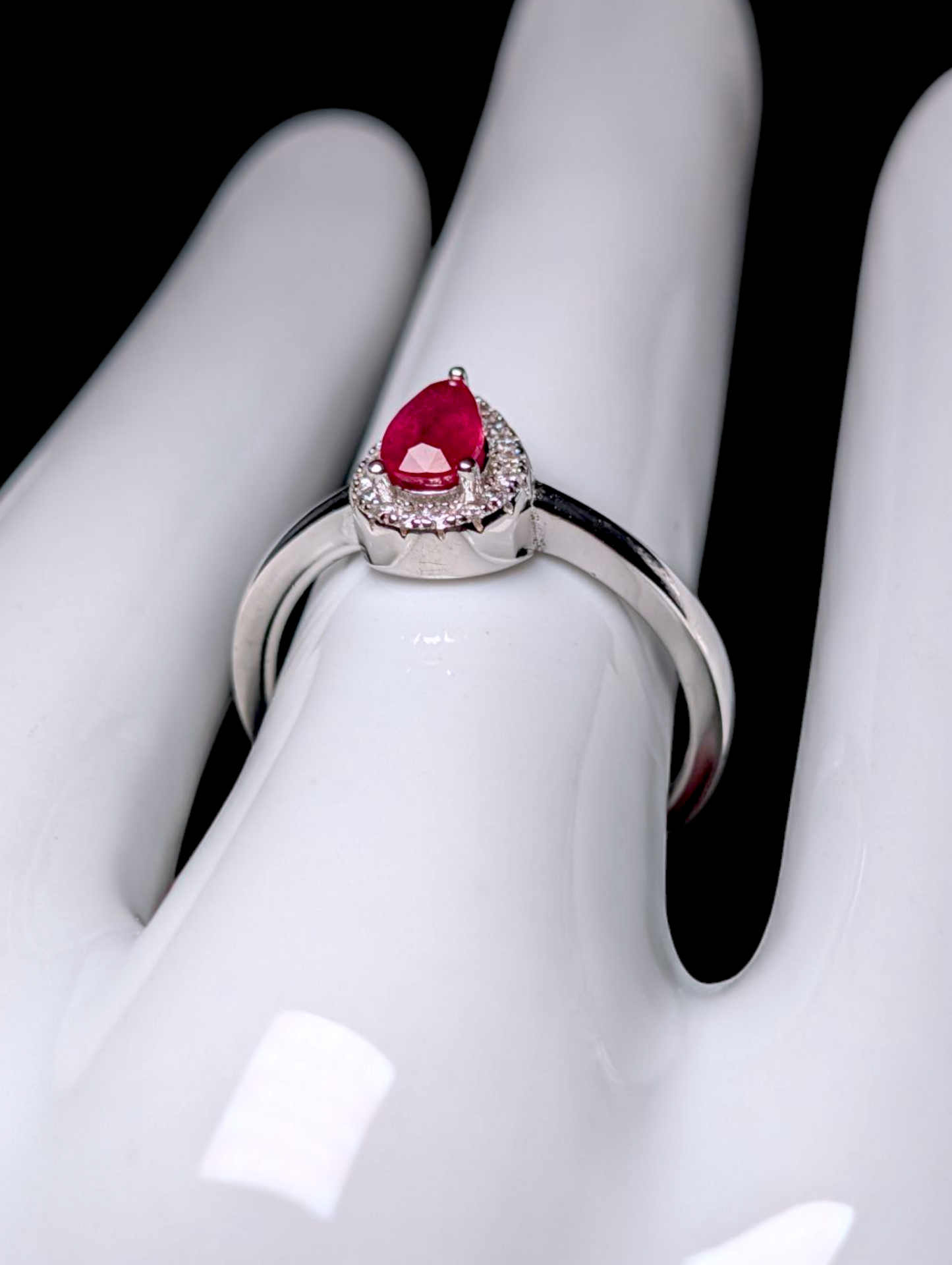 Vintage Dainty Pear Cut Genuine Ruby Solitaire with Simulated Halo Sterling Silver Stackable Ring