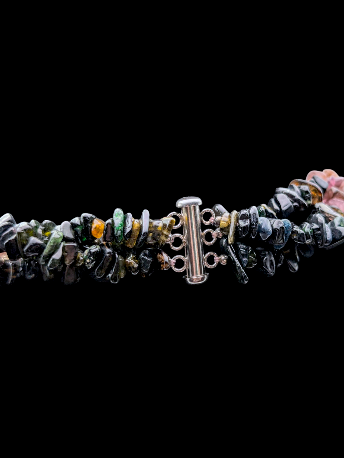 Vintage Three Strand Rainbow Earth Mined Genuine Tourmaline Multi-Strand Sterling Silver Necklace