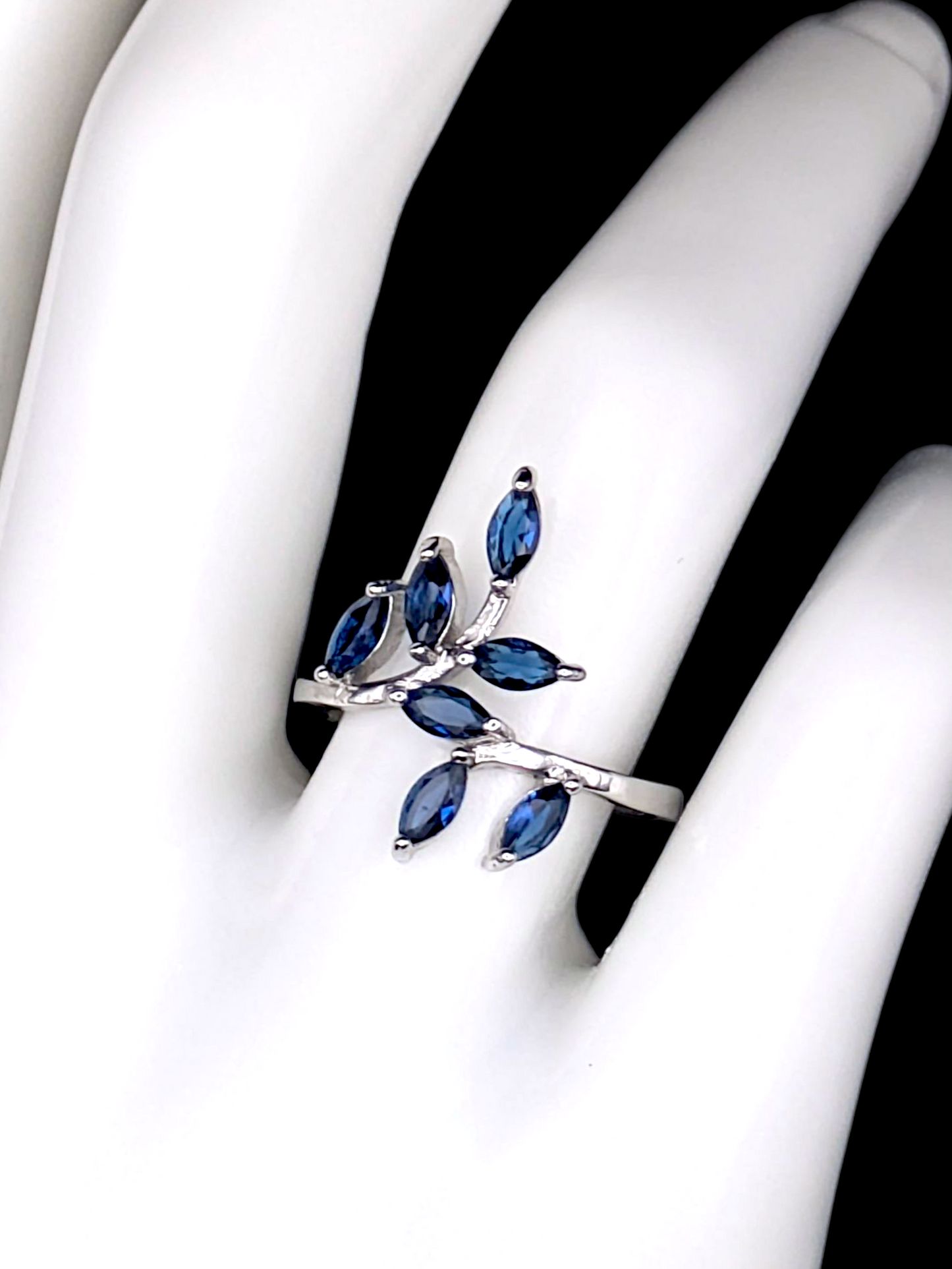 Vintage Inspired Marquise Cut Simulated Blue Sapphire Leaves and Branches Sterling Silver Ring