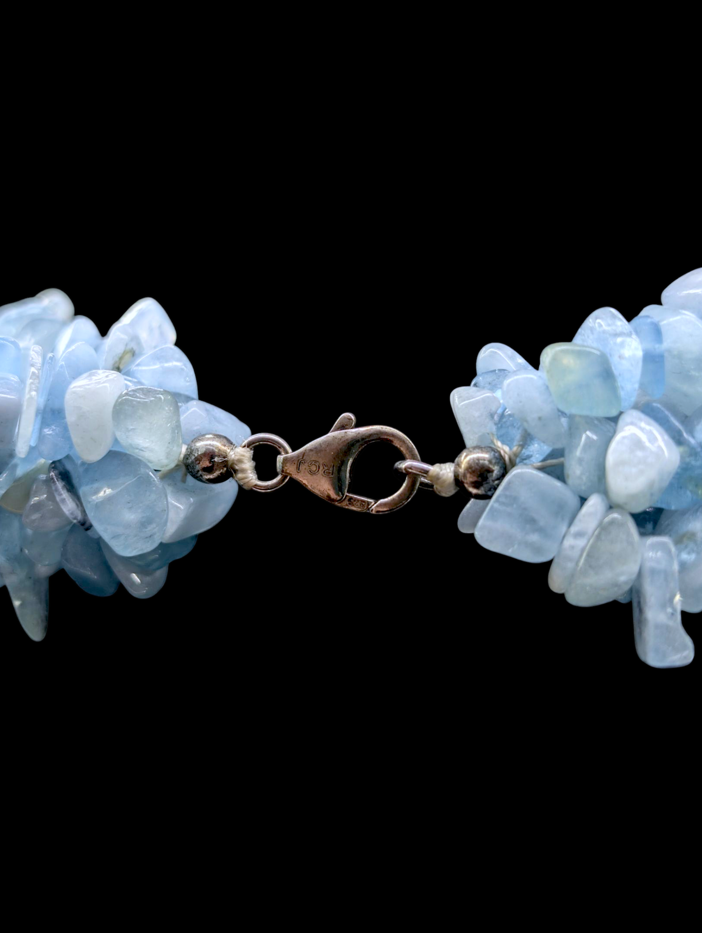 Vintage Multi Strand Polished Earth Mined Genuine Aquamarine Sterling Silver Chip Necklace