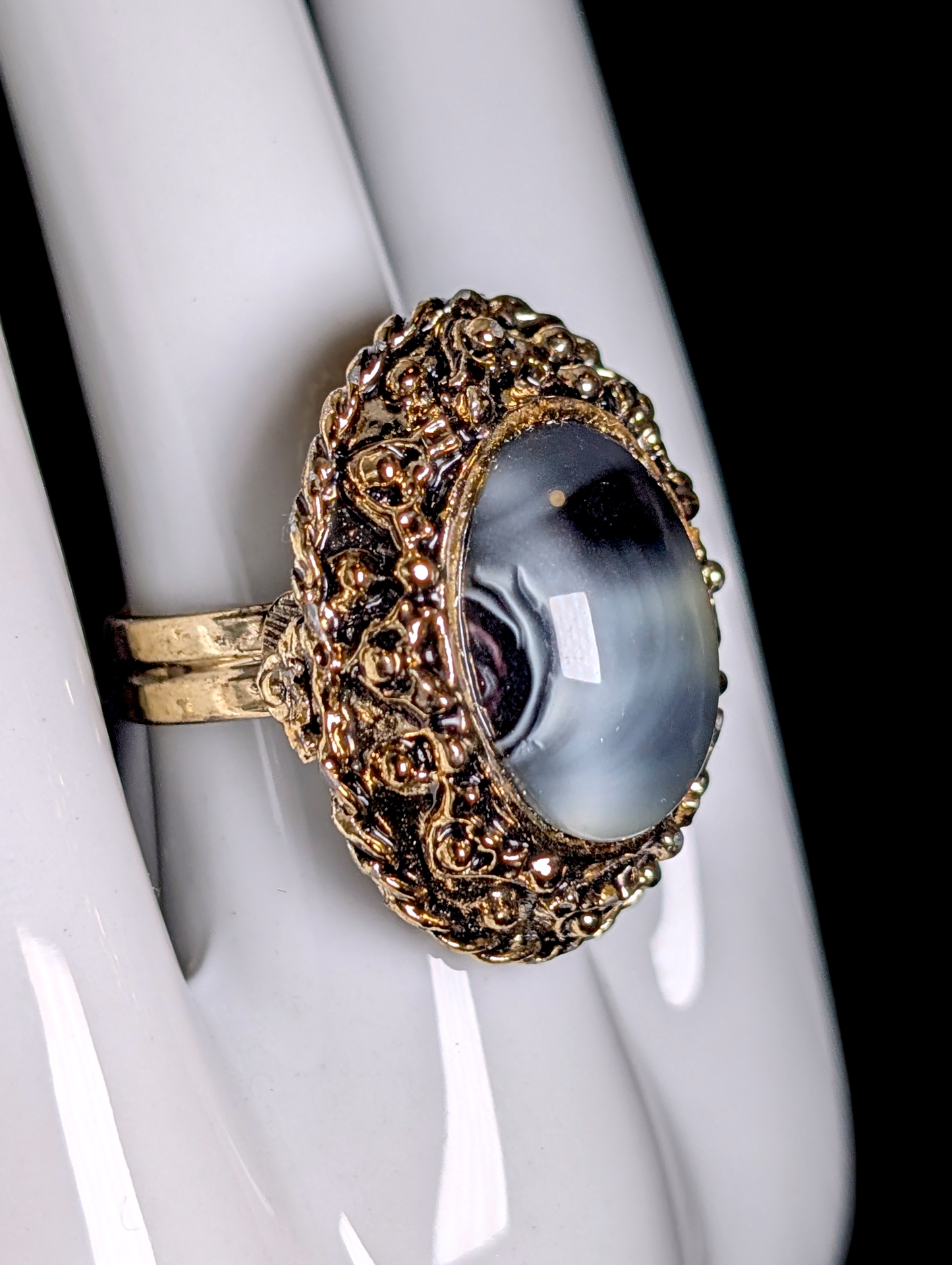 Vintage Large Gray Solitaire Simulated Gemstone Antique Gold Toned Adjustable Costume Statement Ring