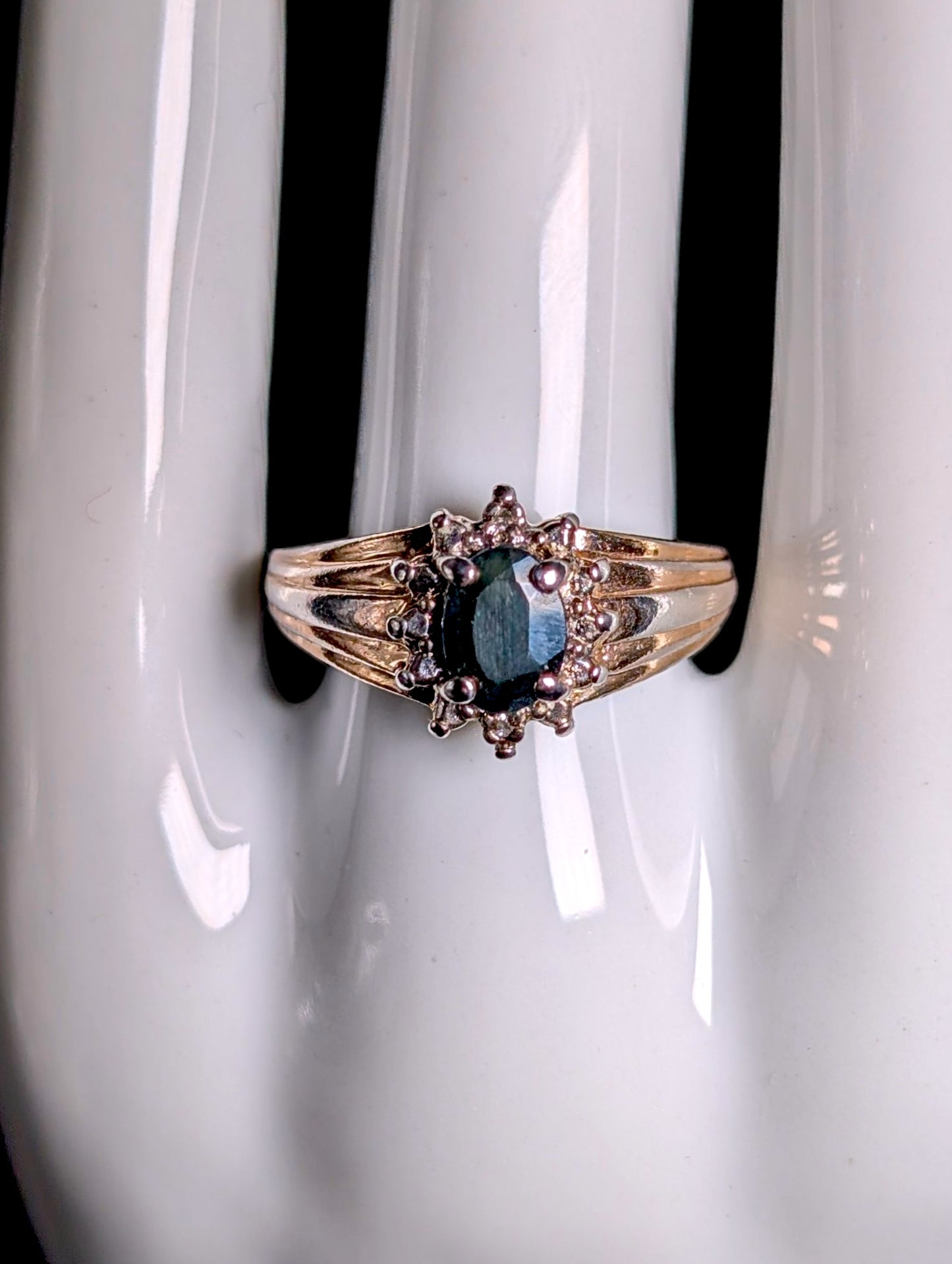 Vintage Genuine Sapphire and Diamond Accented Halo Antique Finish Gold over Sterling Ring