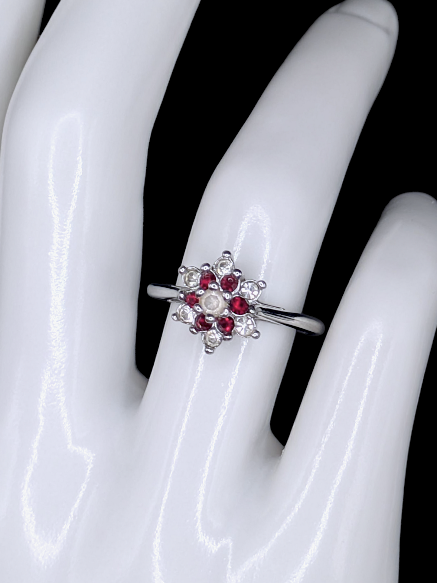 Vintage Inspired Round Cut Simulated Ruby and Simulated Diamond Flower 18k HGE Ring