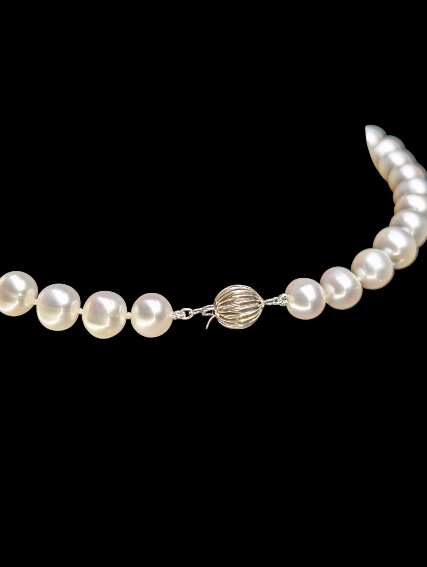 Vintage Classic Large Freshwater Cultured Genuine Pearls Hand Knotted Single Strand Sterling Silver Necklace