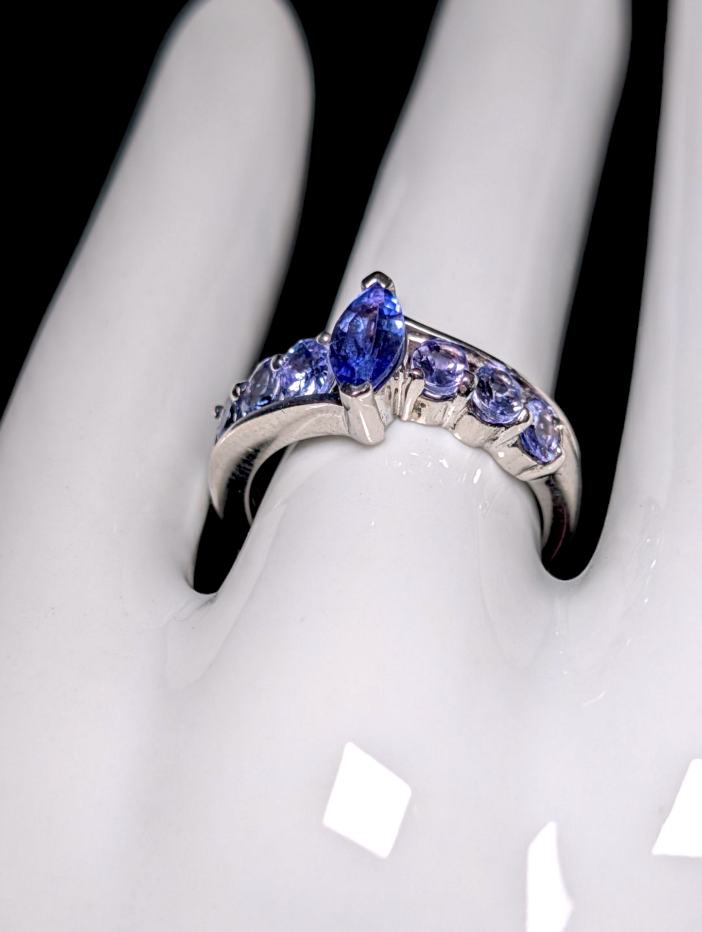 Vintage Floating Marquise Cut Earth Mined Genuine Tanzanite Sterling Silver Crossover Ring