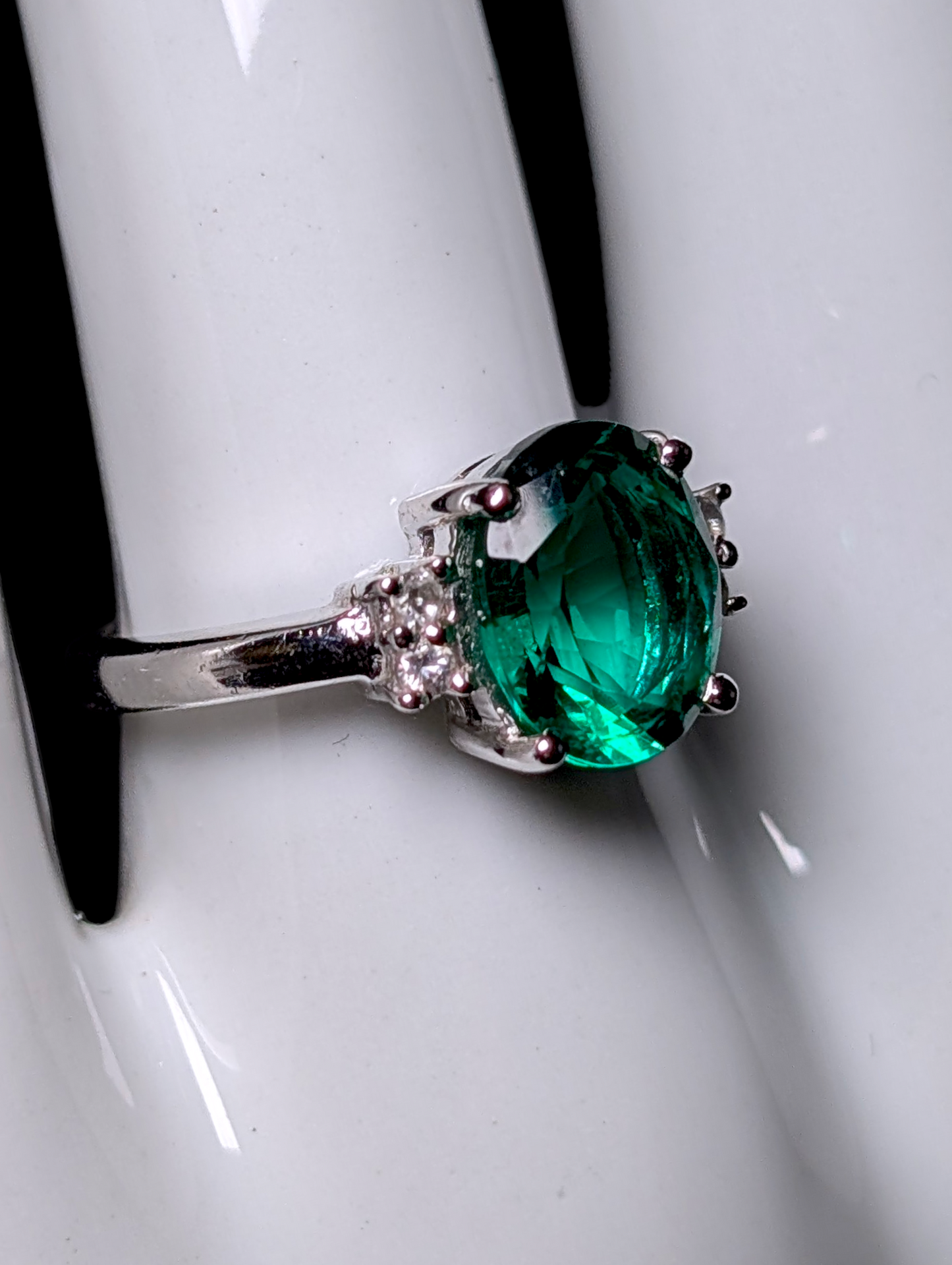 Vintage Inspired Simulated Emerald Solitaire with Simulated Diamond Accents Sterling Silver Ring