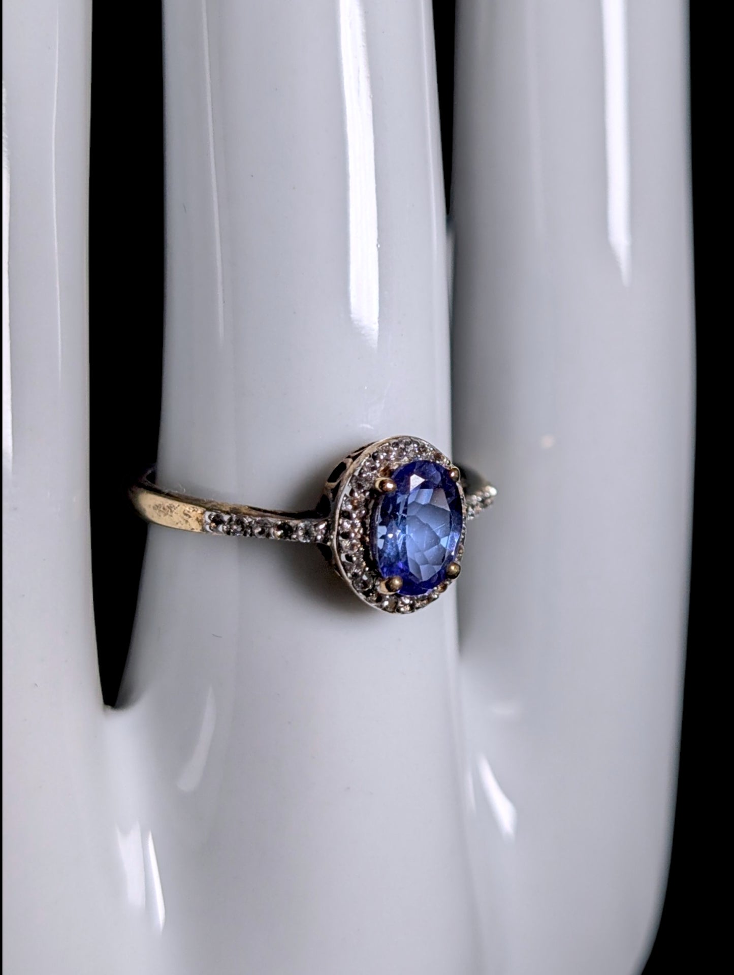 Vintage Genuine Kyanite Solitaire with White Topaz Halo Gold over Sterling Ring