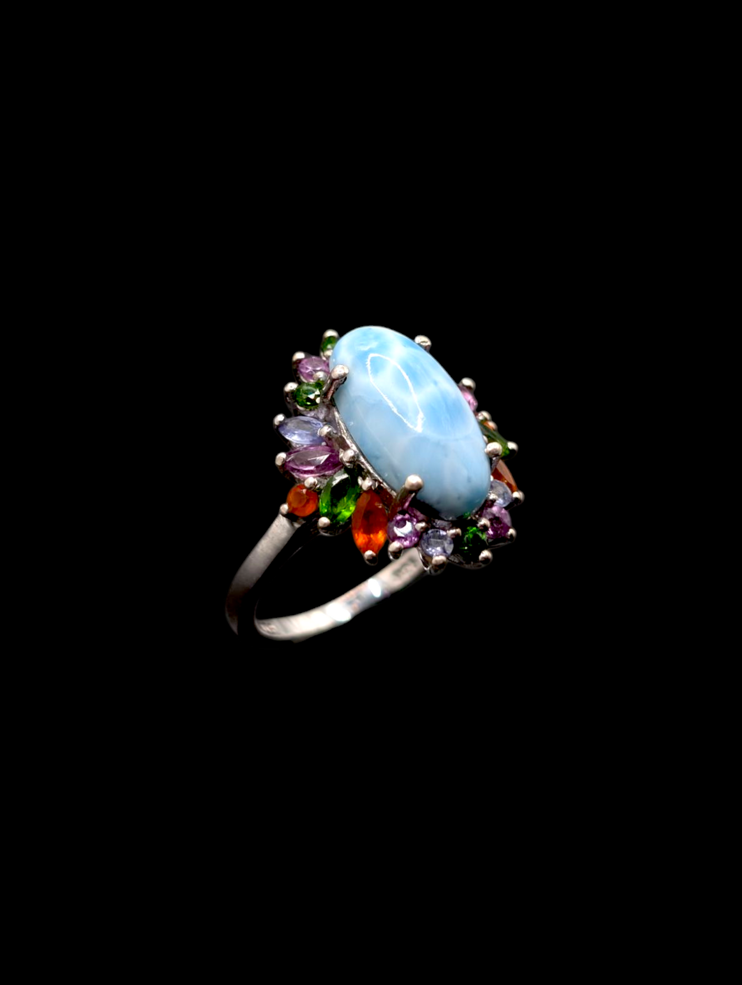 Vintage Genuine Larimar Solitaire and Rainbow Tourmaline Starburst Halo Platinum over Sterling Silver Ring
