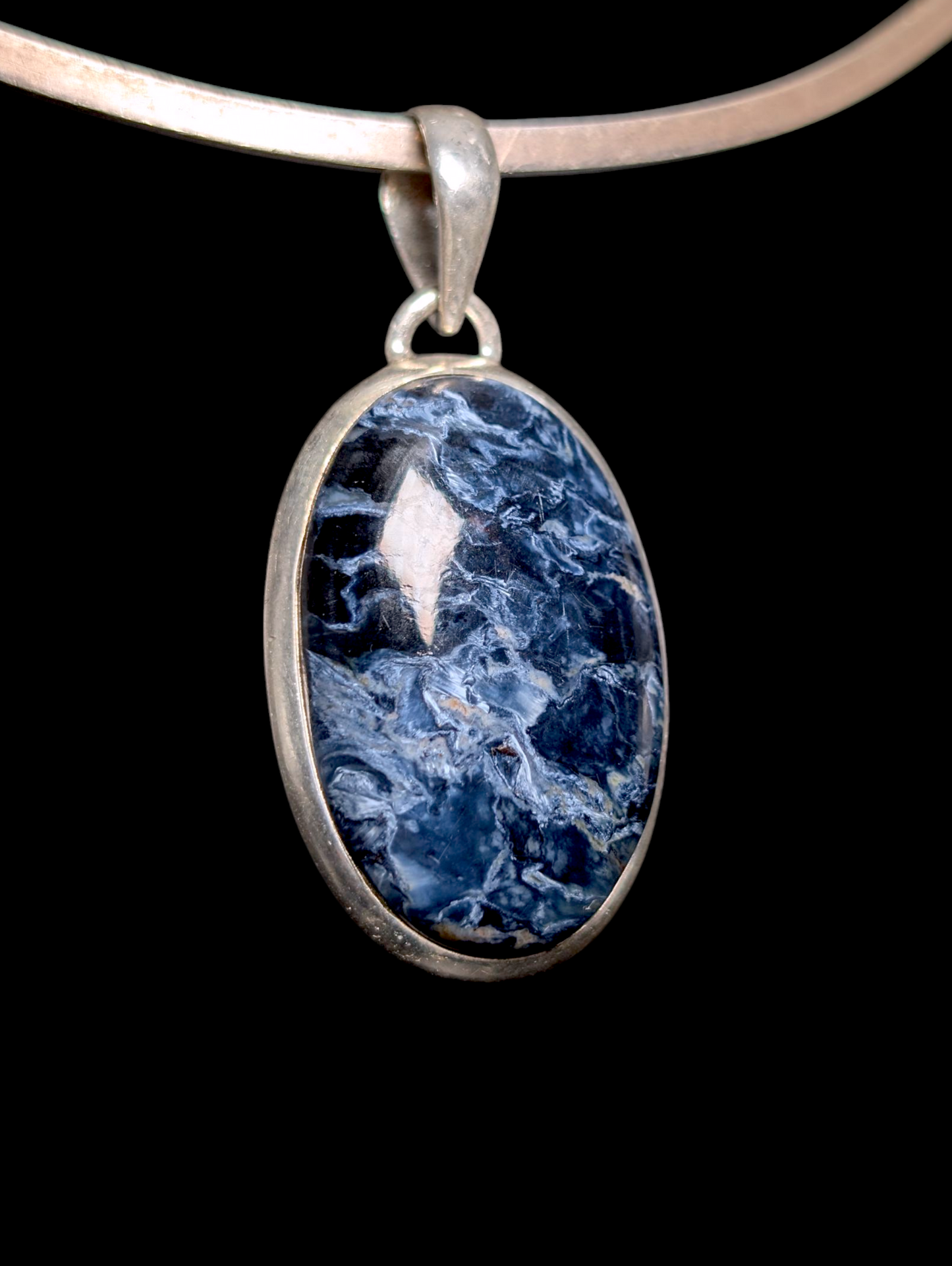Vintage Oval Cut Cabochon Genuine Pietersite Sterling Silver Bezel Set Pendant