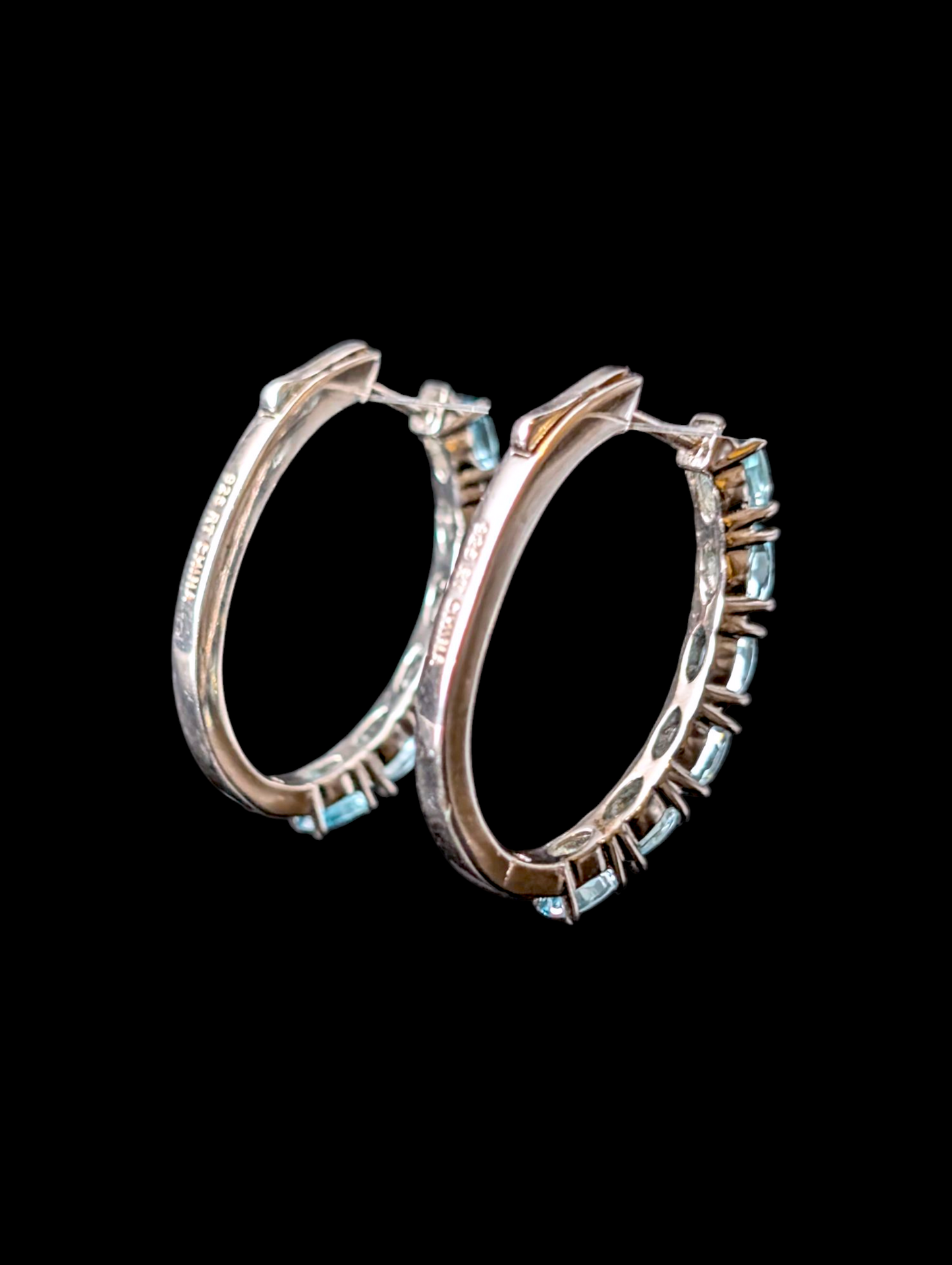 Vintage Oval Hoop Genuine Sky Blue Topaz Sterling Silver Earrings