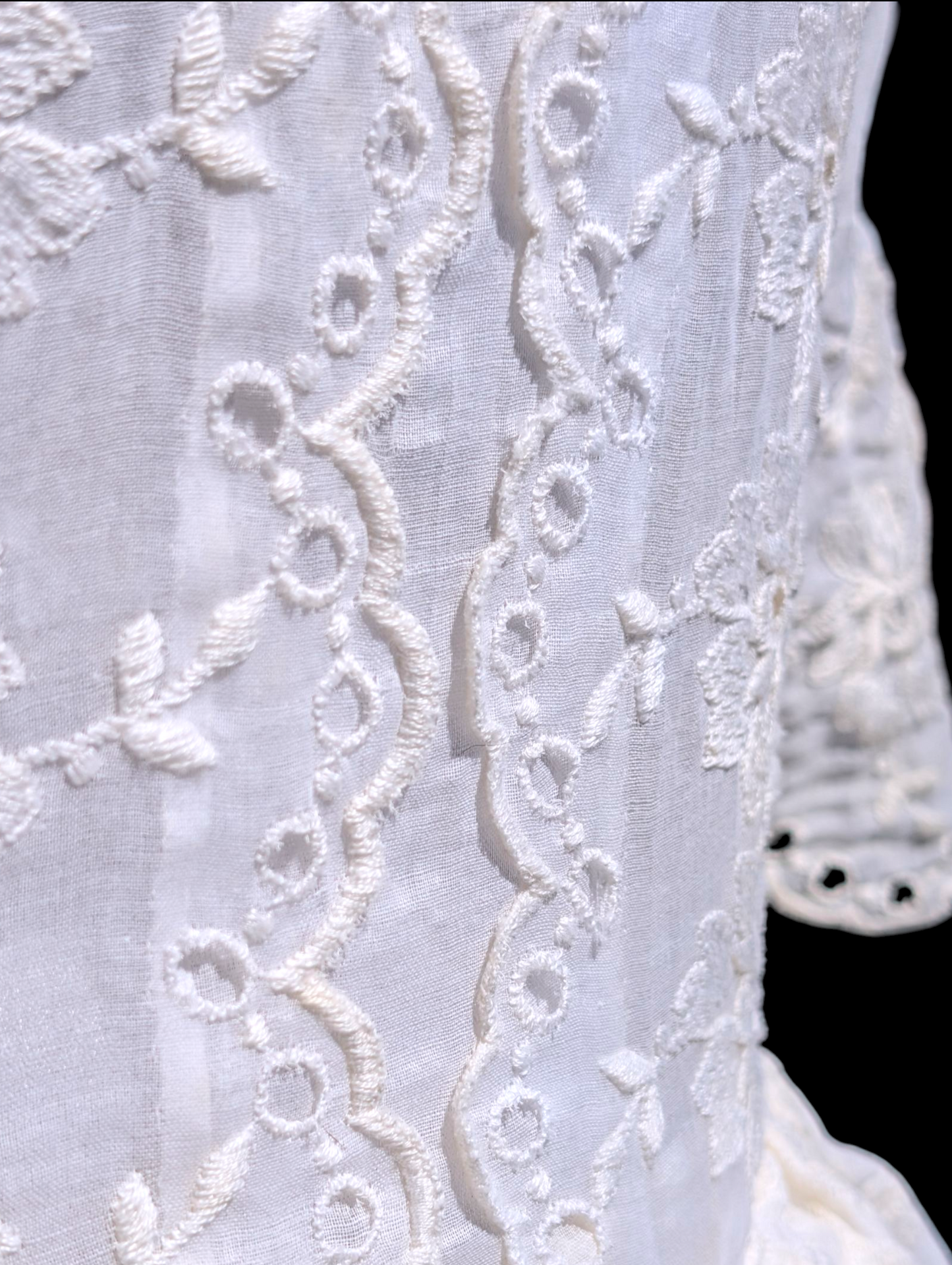 Vintage Eyelet Lace Multi Tiered Wedding Dress in White with Drop Waist, Peter Pan High Collar, Train and 3/4th Sleeves