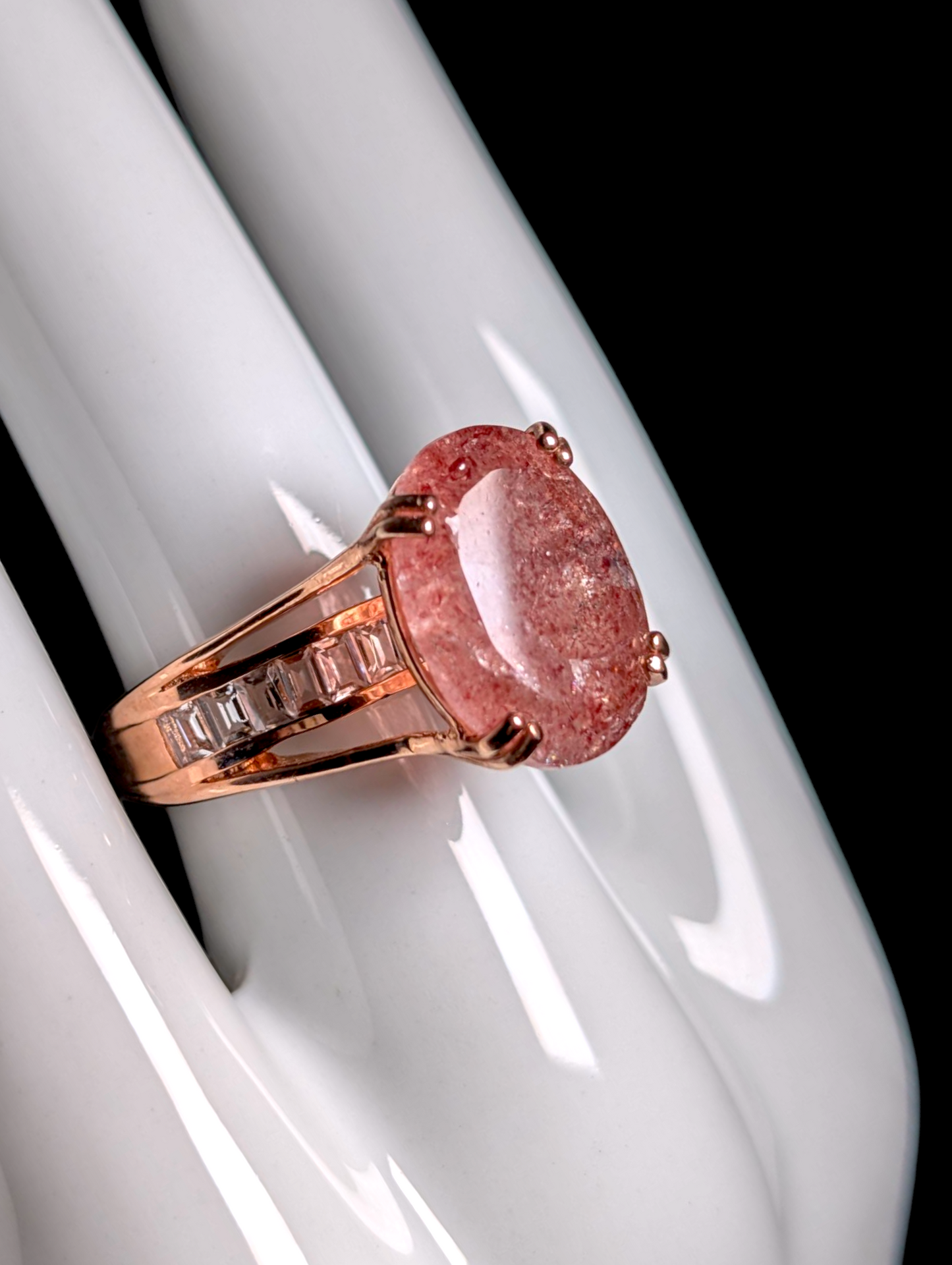 Vintage Floating Genuine Strawberry Quartz and White Topaz Hidden Band 18k Rose Gold Vermeil Ring