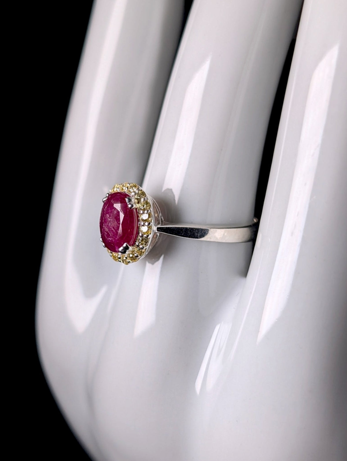Vintage Oval Cut Genuine Ruby Solitaire with Simulated Yellow Diamond Halo Sterling Ring