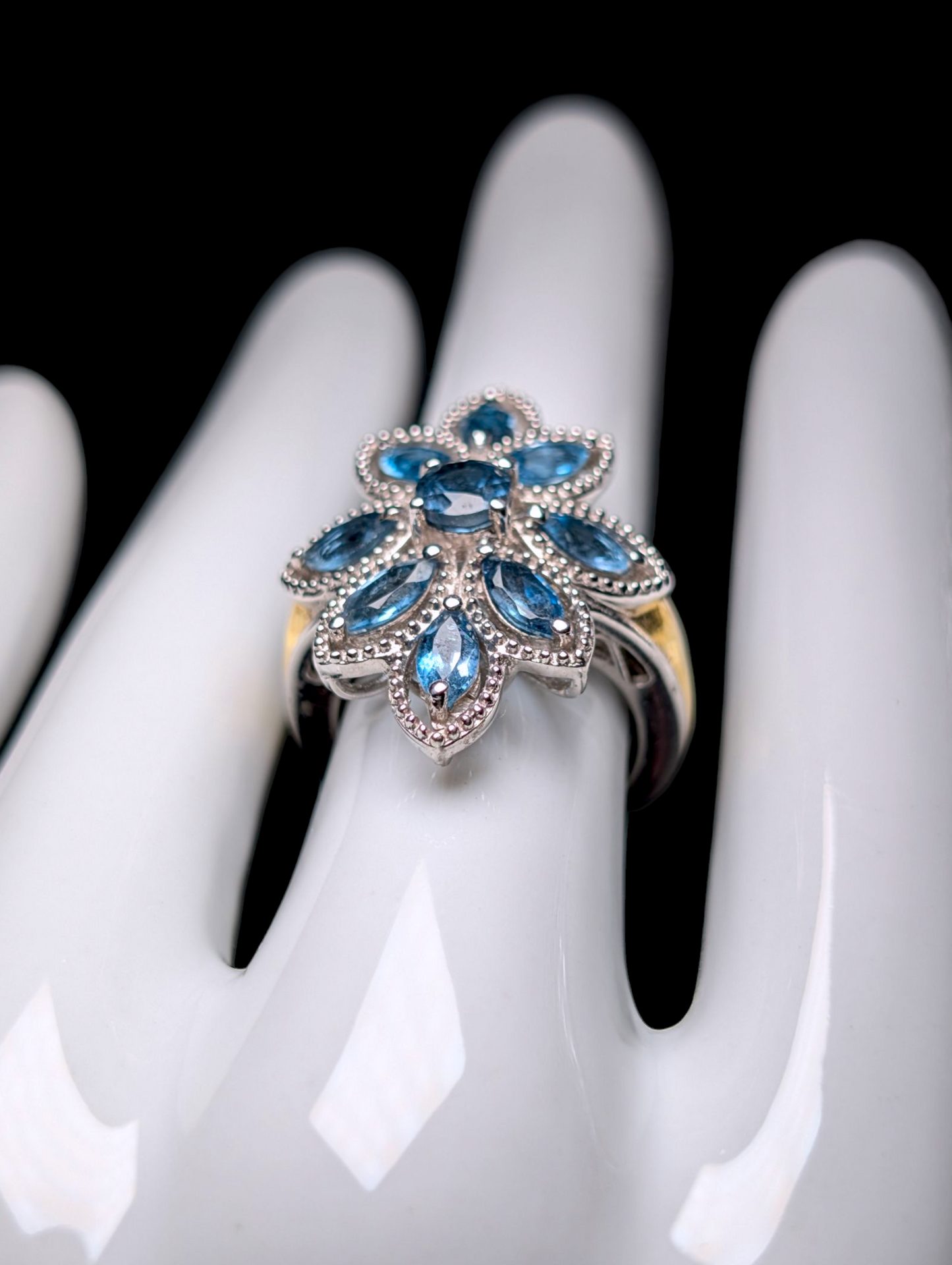 Vintage Cluster Starburst Marquise Cut Genuine London Blue Topaz Sterling Silver and 14k Gold Ring