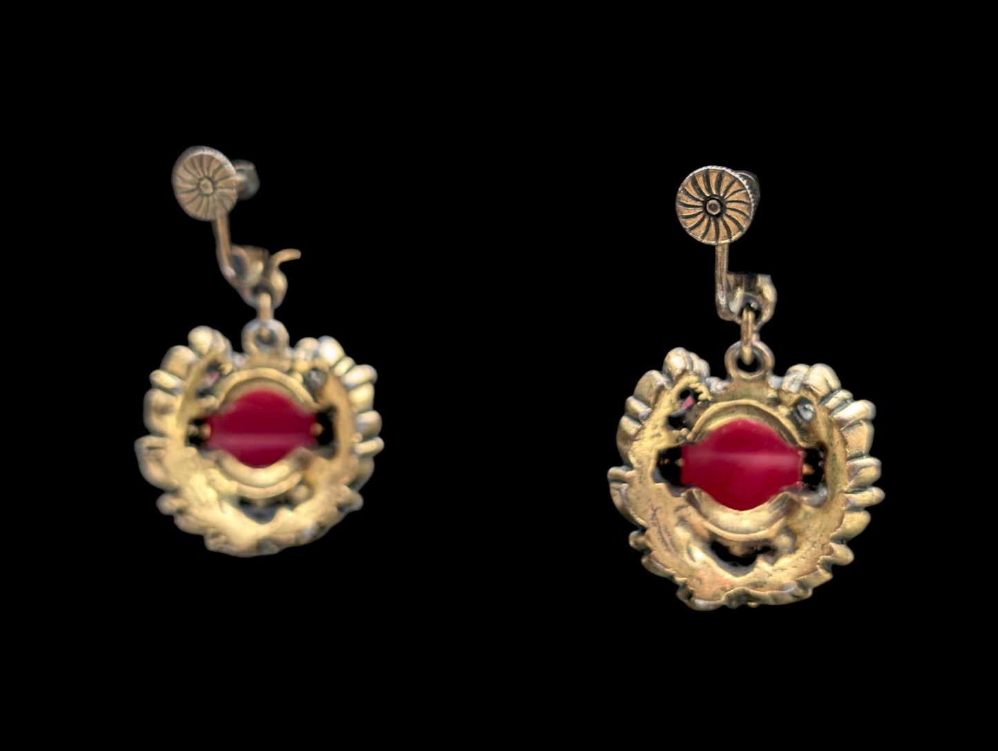1950s Vintage Florenza Magenta Moonglow Brass Toned Earrings