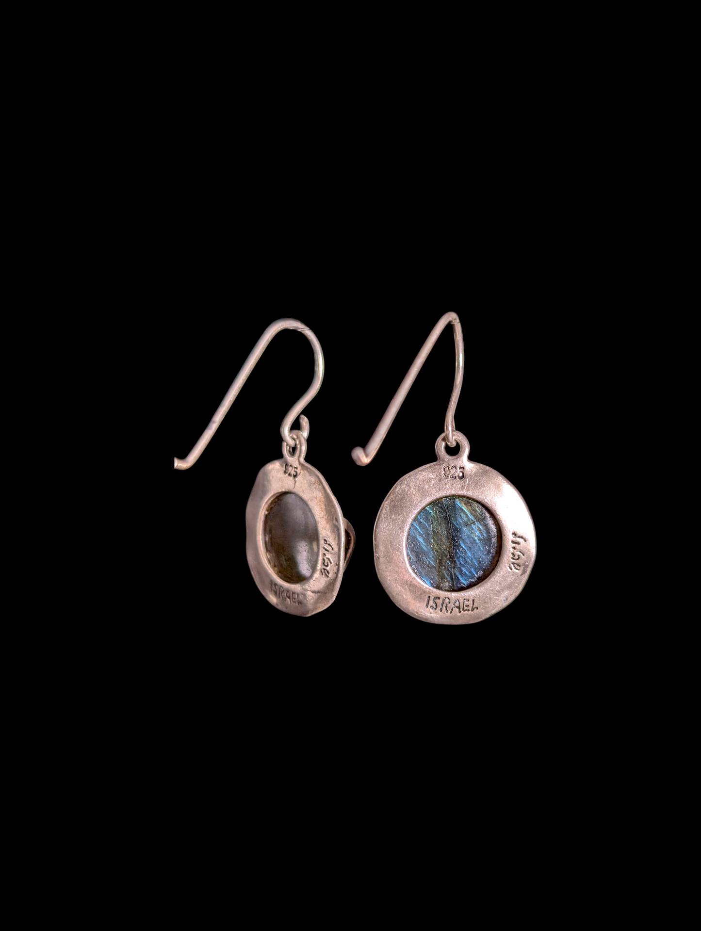 Vintage Handmade in Israel Bezel Set Genuine Labradorite Sterling Silver Hook Dangle Brutalist Earrings