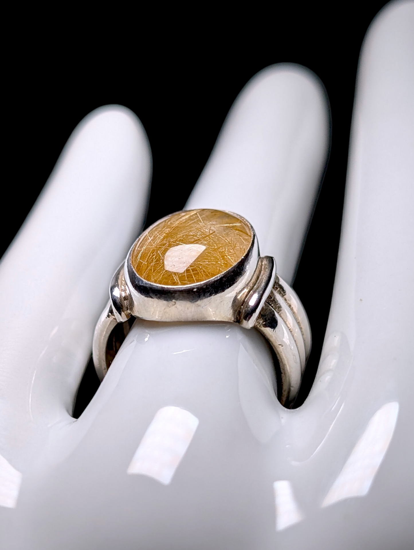 Vintage Bezel Set Oval Cabochon Genuine Golden Rutilated Quartz Solitaire Sterling Silver Men's Pinky Ring