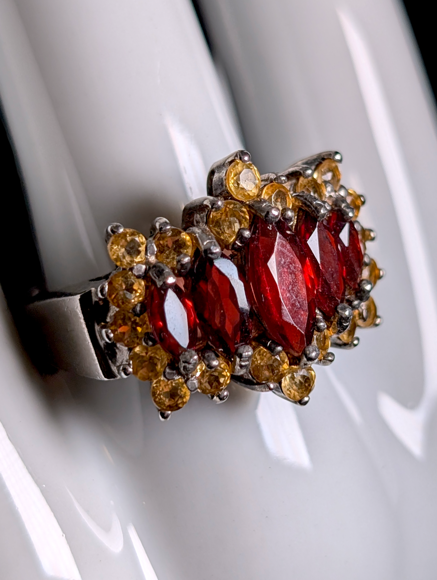 Vintage Marquise Cut Genuine Red Garnet and Citrine Starburst Halo Sterling Silver Cocktail Statement Ring