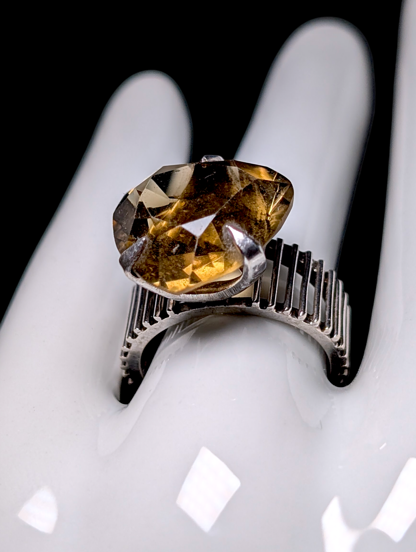 Vintage Heart Cut Genuine Smoky Quartz 18K White Gold over Sterling Silver Ring