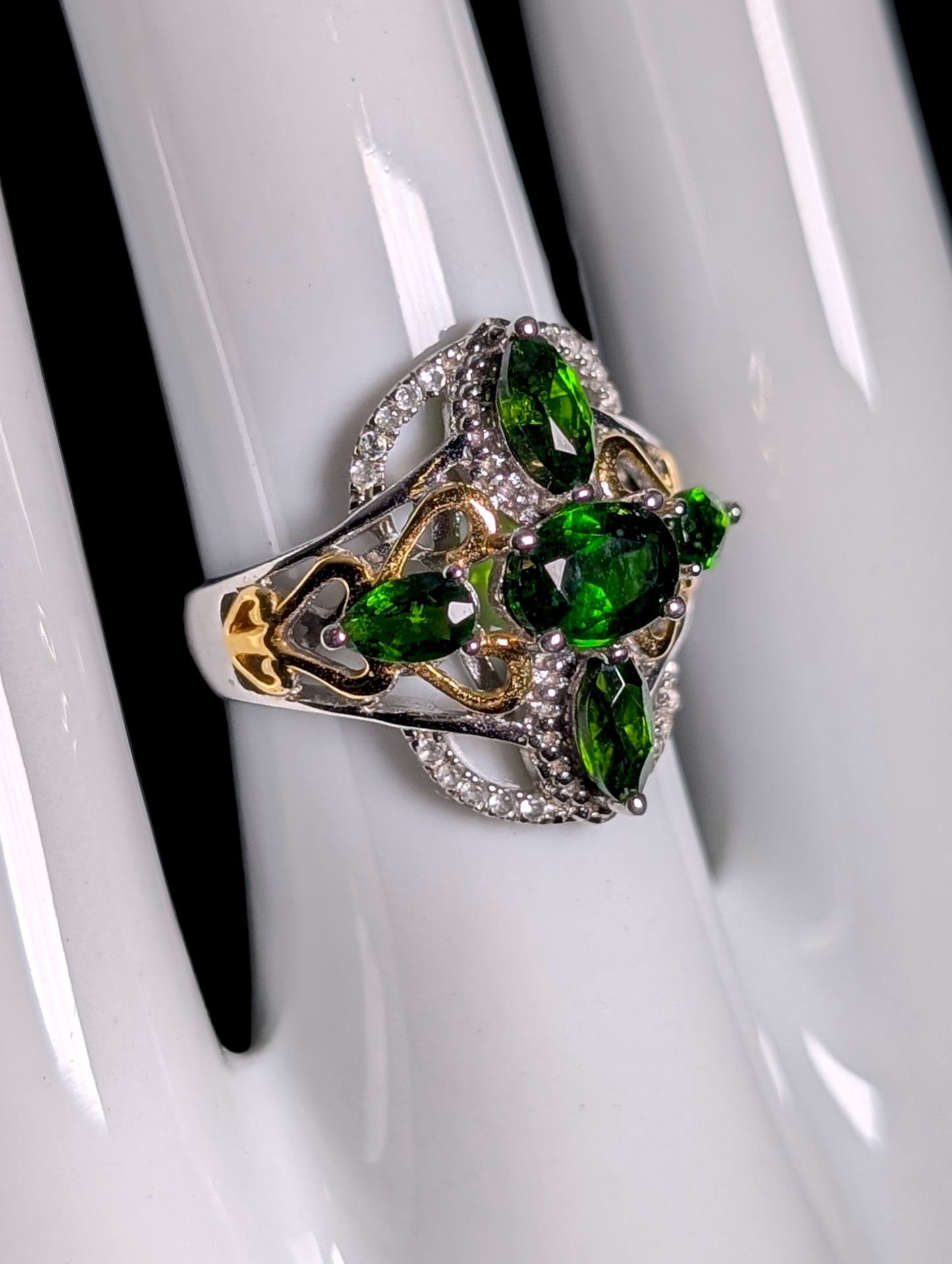 Vintage Inspired Genuine Chrome Diopside with White Topaz Accents 14k Yellow Gold Filigree and Rhodium over Sterling Silver Ring