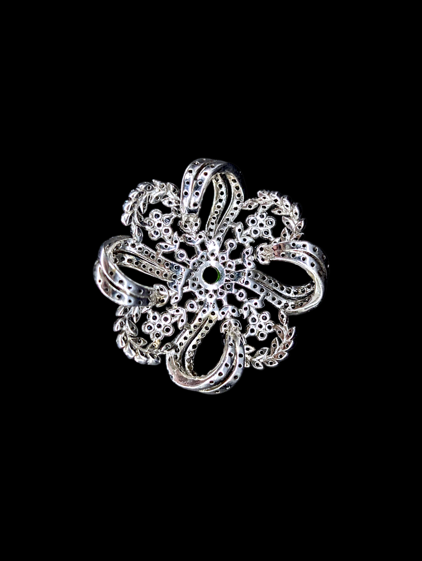 Vintage Genuine Chrome Diopside and Black Onyx Flower Rhodium over Sterling Silver Pendant