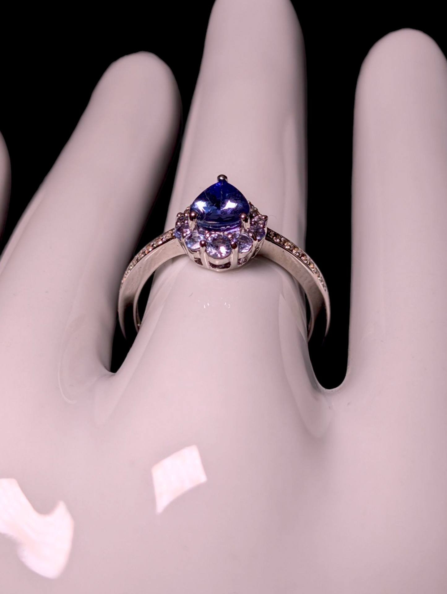 Vintage Pear Cut Solitaire Genuine Tanzanite and White Zircon Halo Sterling Silver Band Ring