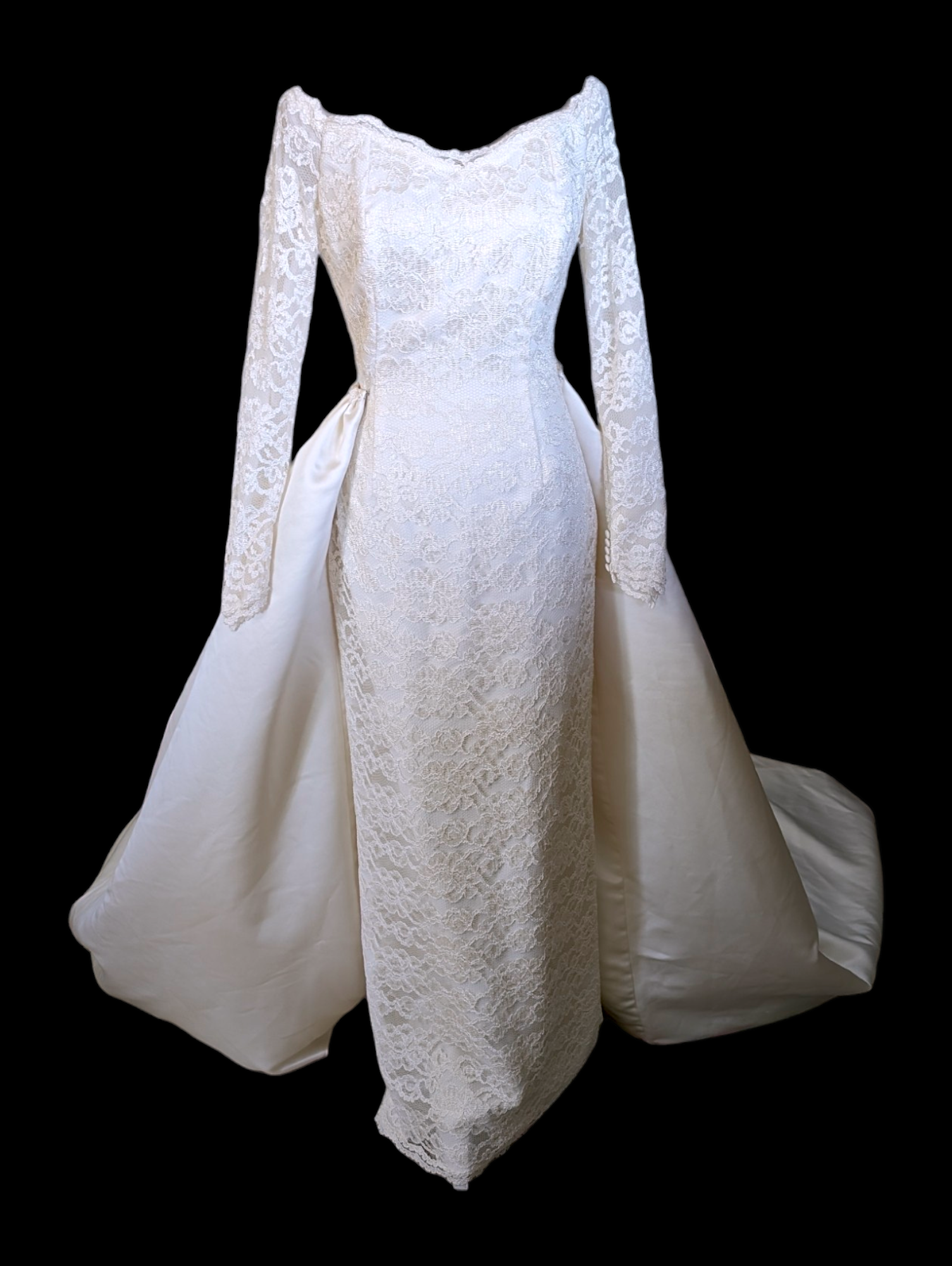 1990s Stunning Off the Shoulder Long Sleeve Lace Wedding Dress with De –  HobbyBobbins