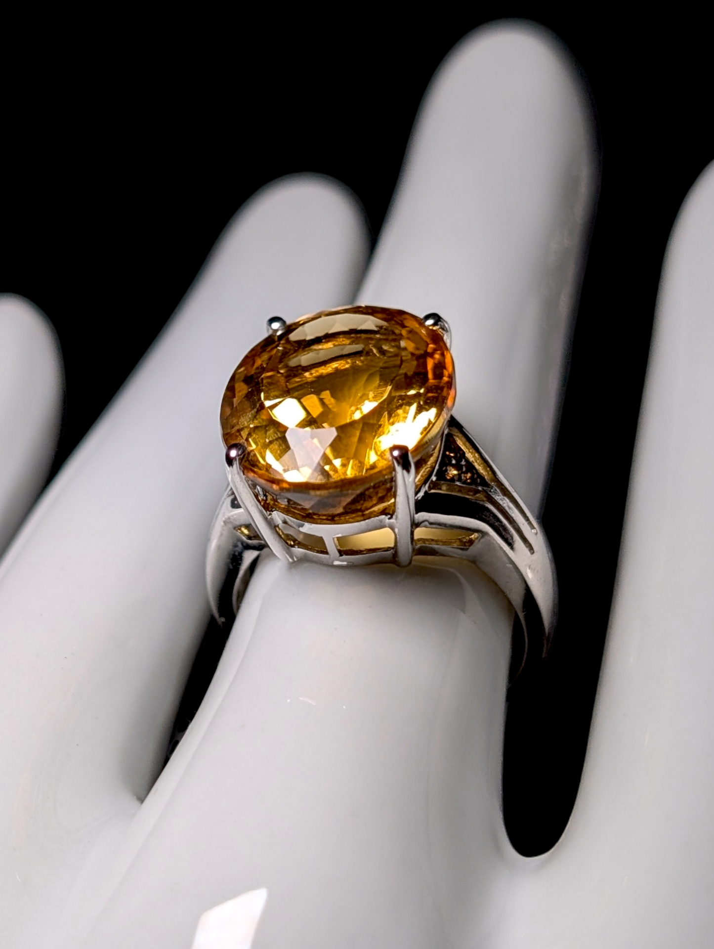 Vintage Large Oval Cut Genuine Golden Citrine Solitaire Sterling Silver Statement Ring