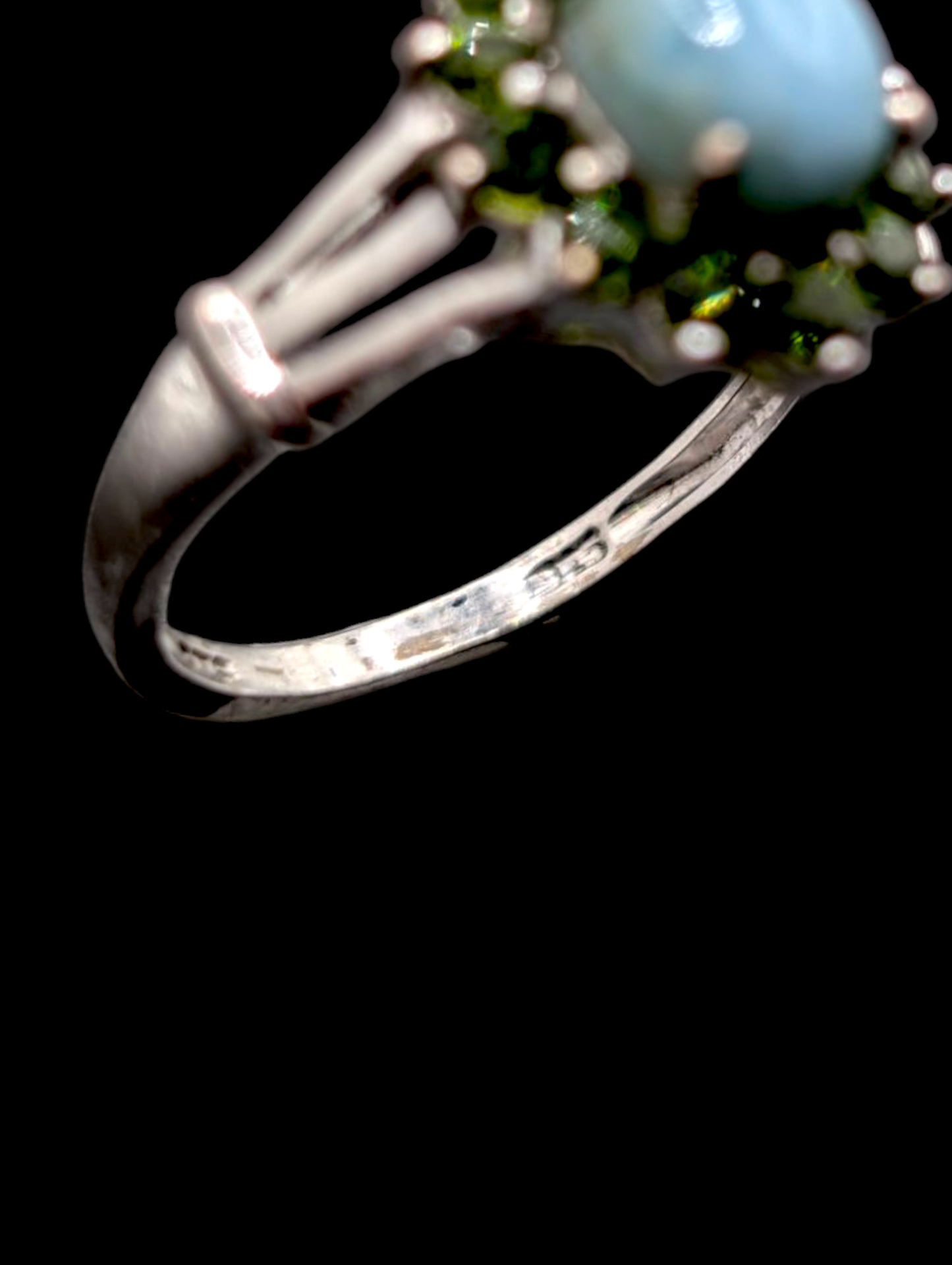 Vintage Genuine Larimar Solitaire and Chrome Diopside Starburst Halo Sterling Silver Ring