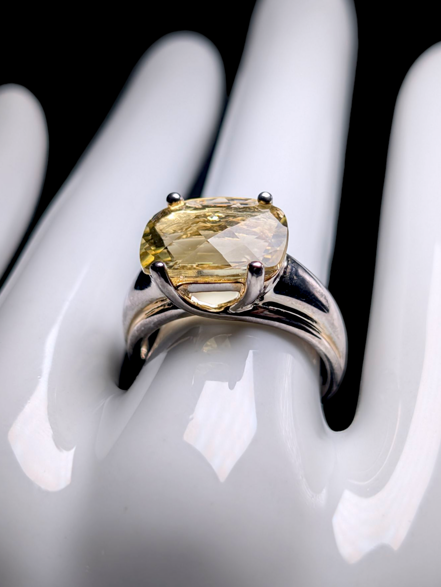 Vintage 8+ Carat East West Checkerboard Cushion Cut Genuine Pale Yellow Citrine Solitaire Sterling Silver Statement Ring
