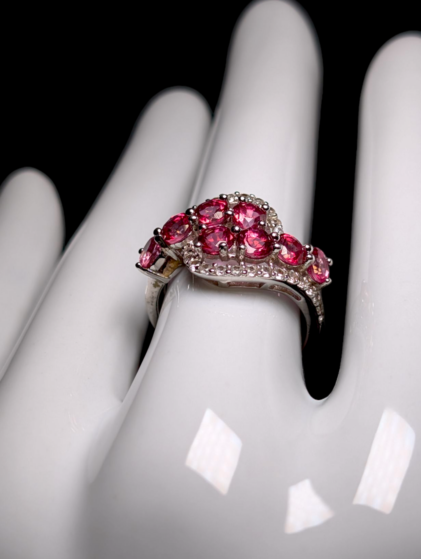Vintage Crossover Round Cut Genuine Pink Tourmaline and White Topaz Sterling Silver Ring