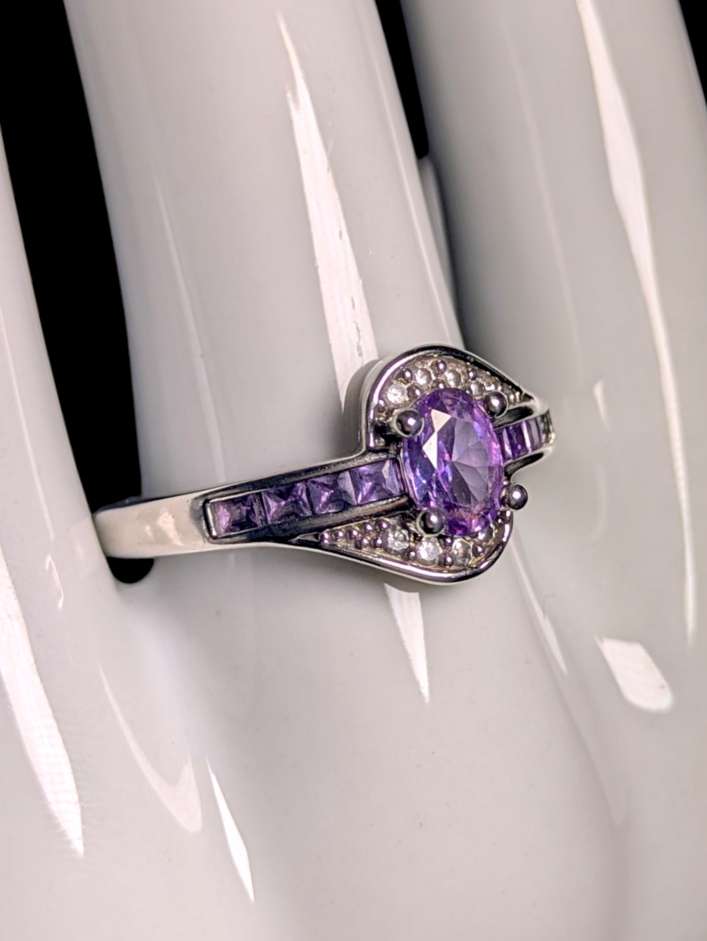 Vintage Oval Cut Simulated Amethyst Solitaire with Simulated Diamond Accents Sterling Silver Cross Over Ring