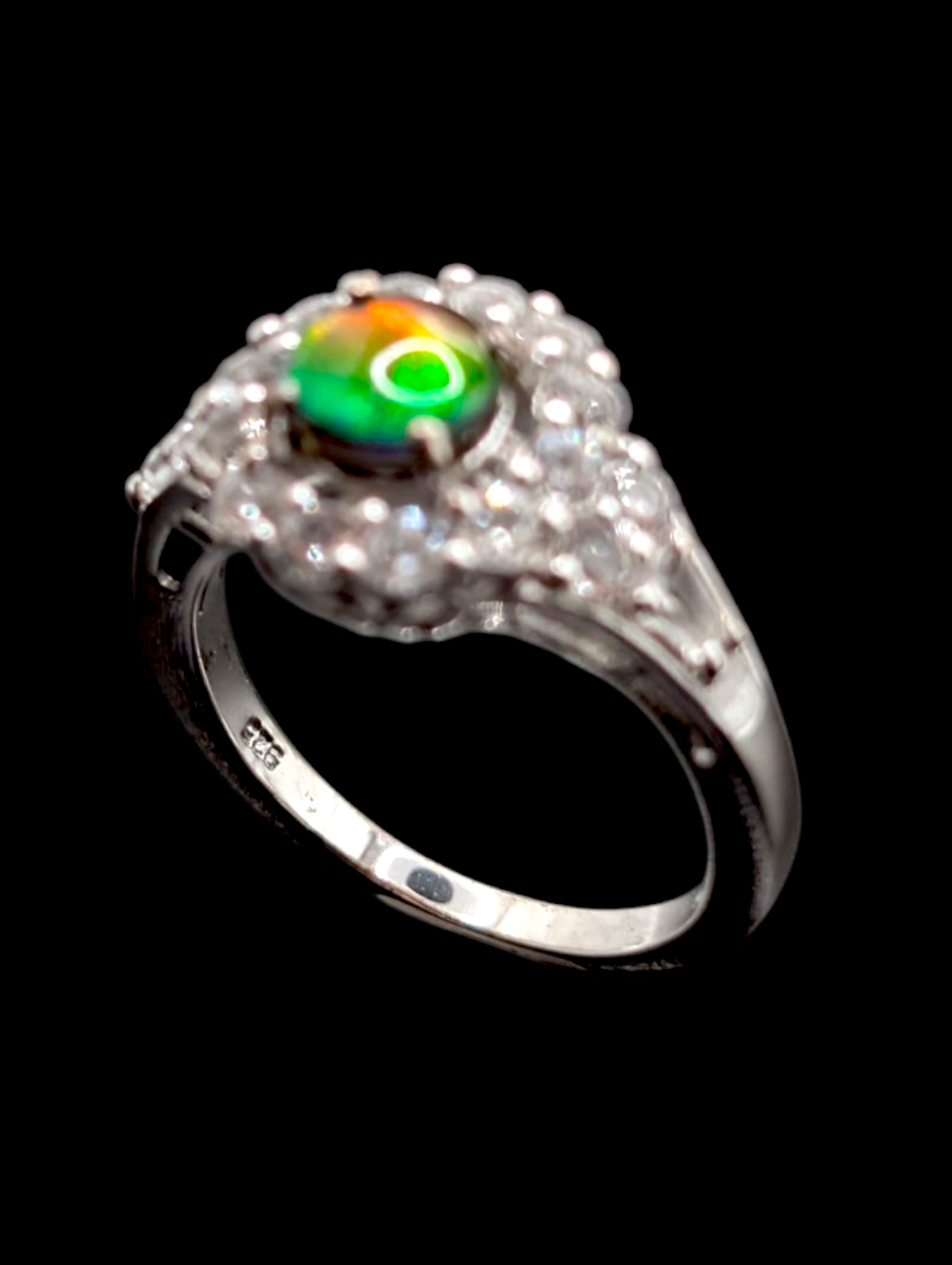 Vintage Genuine Ammolite and White Topaz Statement Halo Sterling Silver Ring