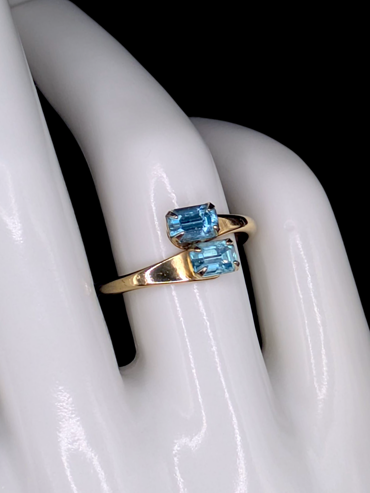 Vintage Inspired Twin Baguette Cut Simulated Blue Topaz Crossover Gold Toned Ring