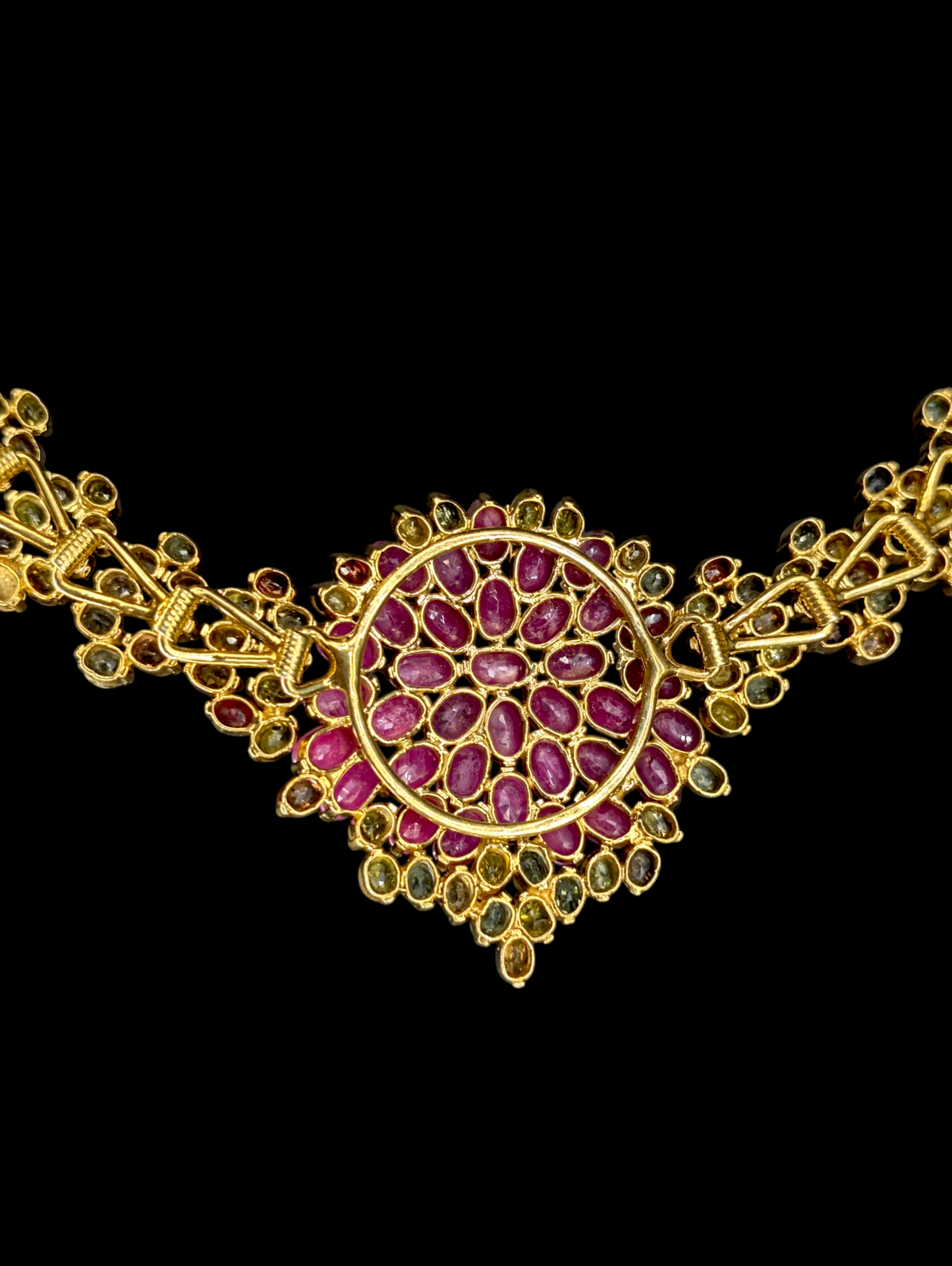 Vintage Inspired 18k Gold Vermeil Rainbow Earth Mined Genuine Ruby Cluster and Fancy Sapphire Statement Necklace