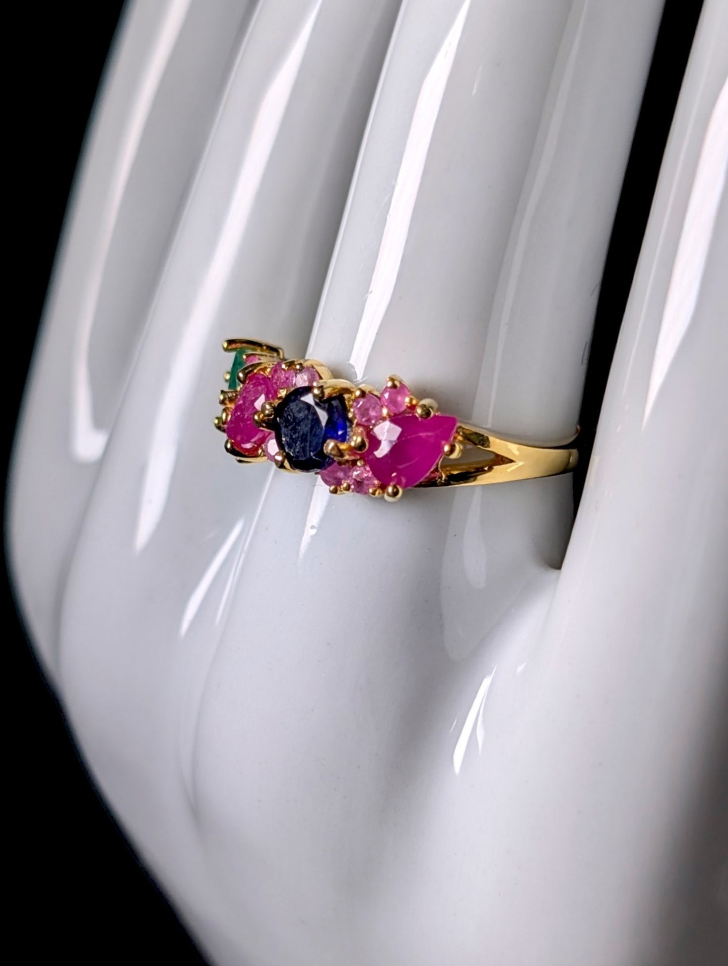 Vintage Row of Genuine Ruby, Emerald and Sapphire Gold over Sterling Ring