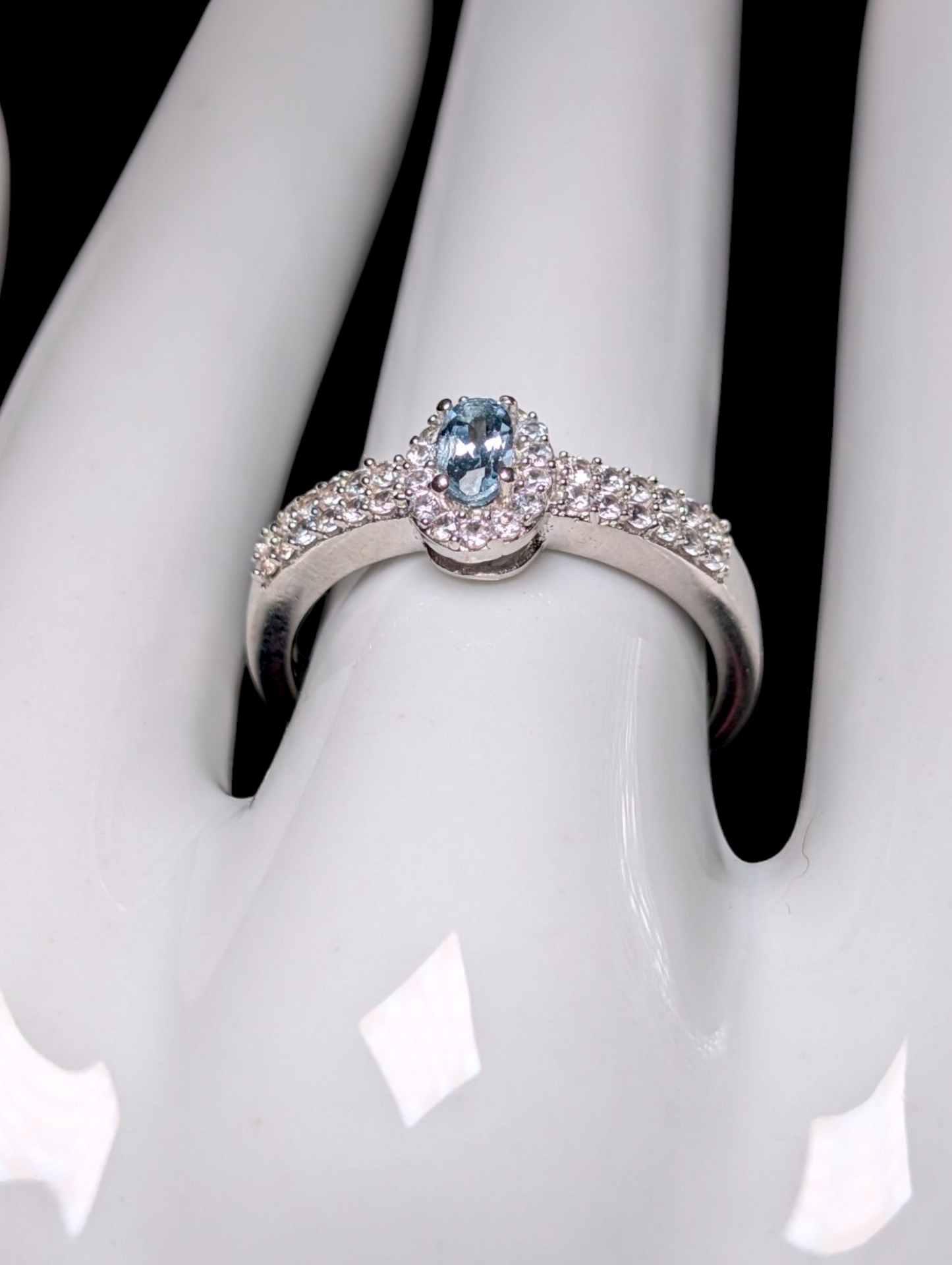 Vintage Dainty Oval Cut Solitaire Genuine Aquamarine and White Topaz Halo Sterling Silver Ring