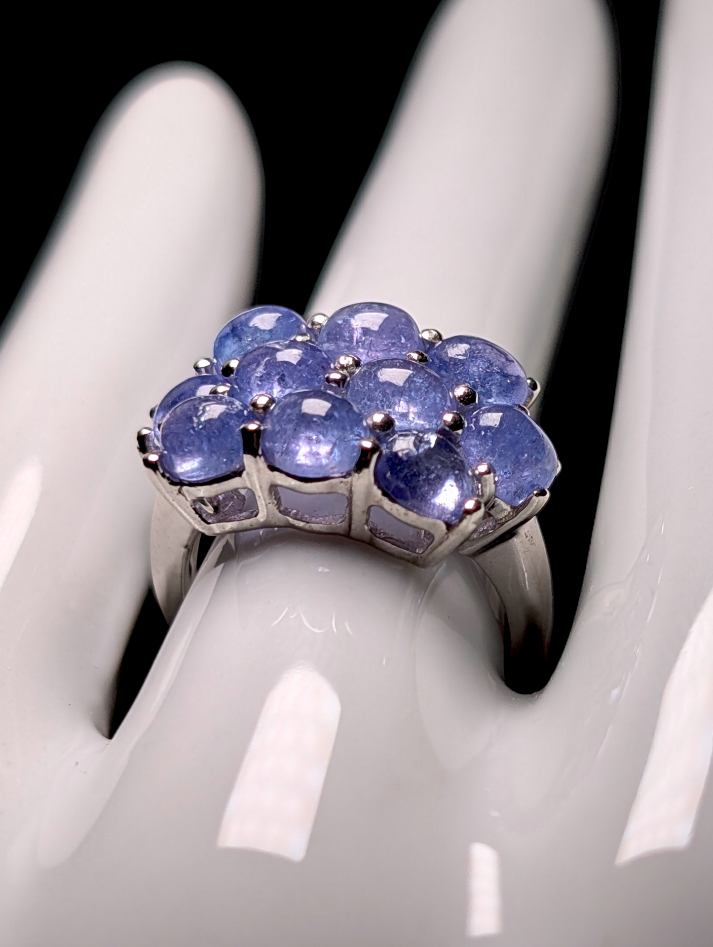 Vintage Cluster Jelly Cabochon Cut Earth Mined Genuine Tanzanite Sterling Silver Statement Ring
