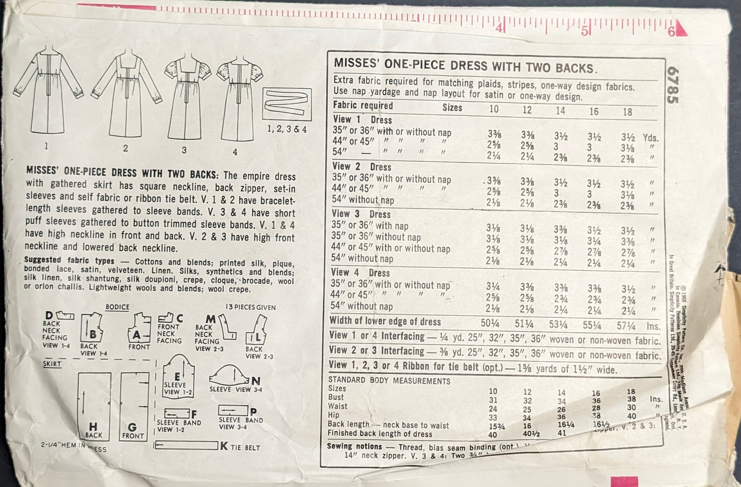 1960s - 1970s Original Vintage Sewing Pattern: Simplicity 6785 Size 12