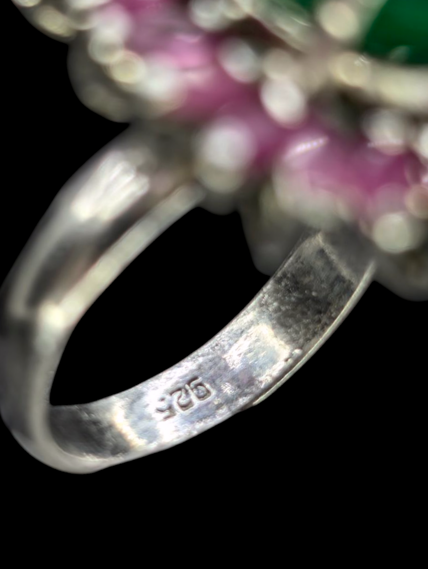Vintage Large Oval Cut Earth Mined Genuine Emerald Green Onyx and Ruby Halo Blossom Turkish Sterling Silver Ring