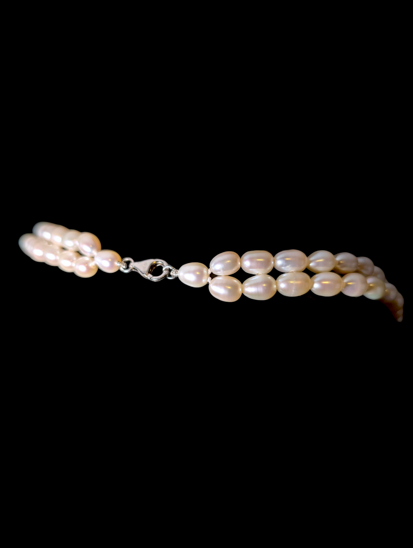 Vintage Hand Knotted Genuine Freshwater Oval Pearl Double Strand Sterling Silver Lobster Clasp Necklace