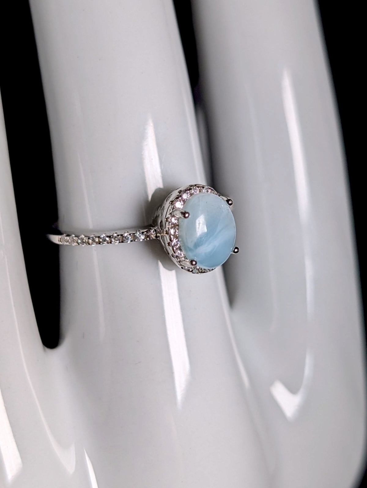 Vintage Genuine Larimar Solitaire with Halo Sterling Silver Ring