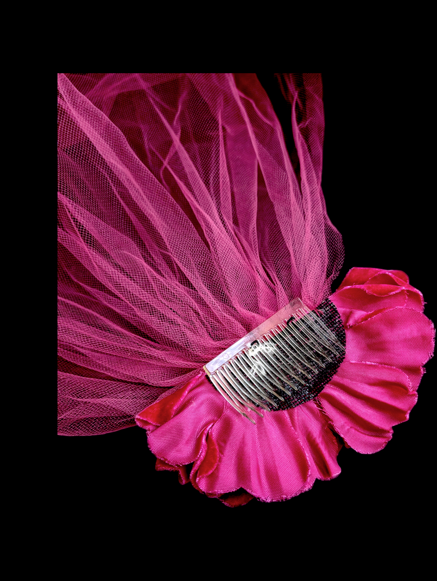 1950s - 1960s "Blossom" Vibrant Pink Floral Comb Clip Headpiece with Veil