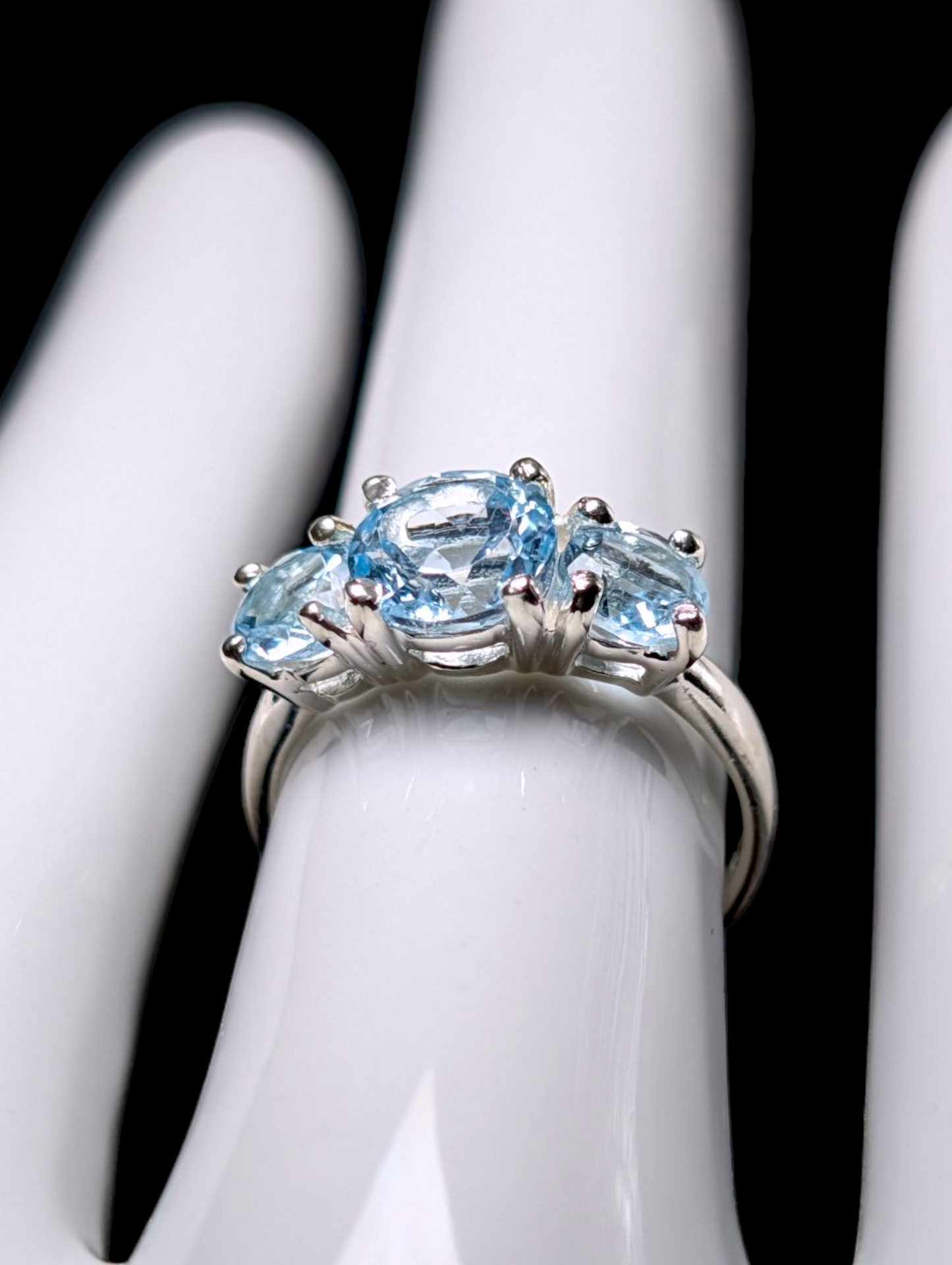 Vintage Round Cut Three Stone Genuine Sky Blue Sterling Silver Ring