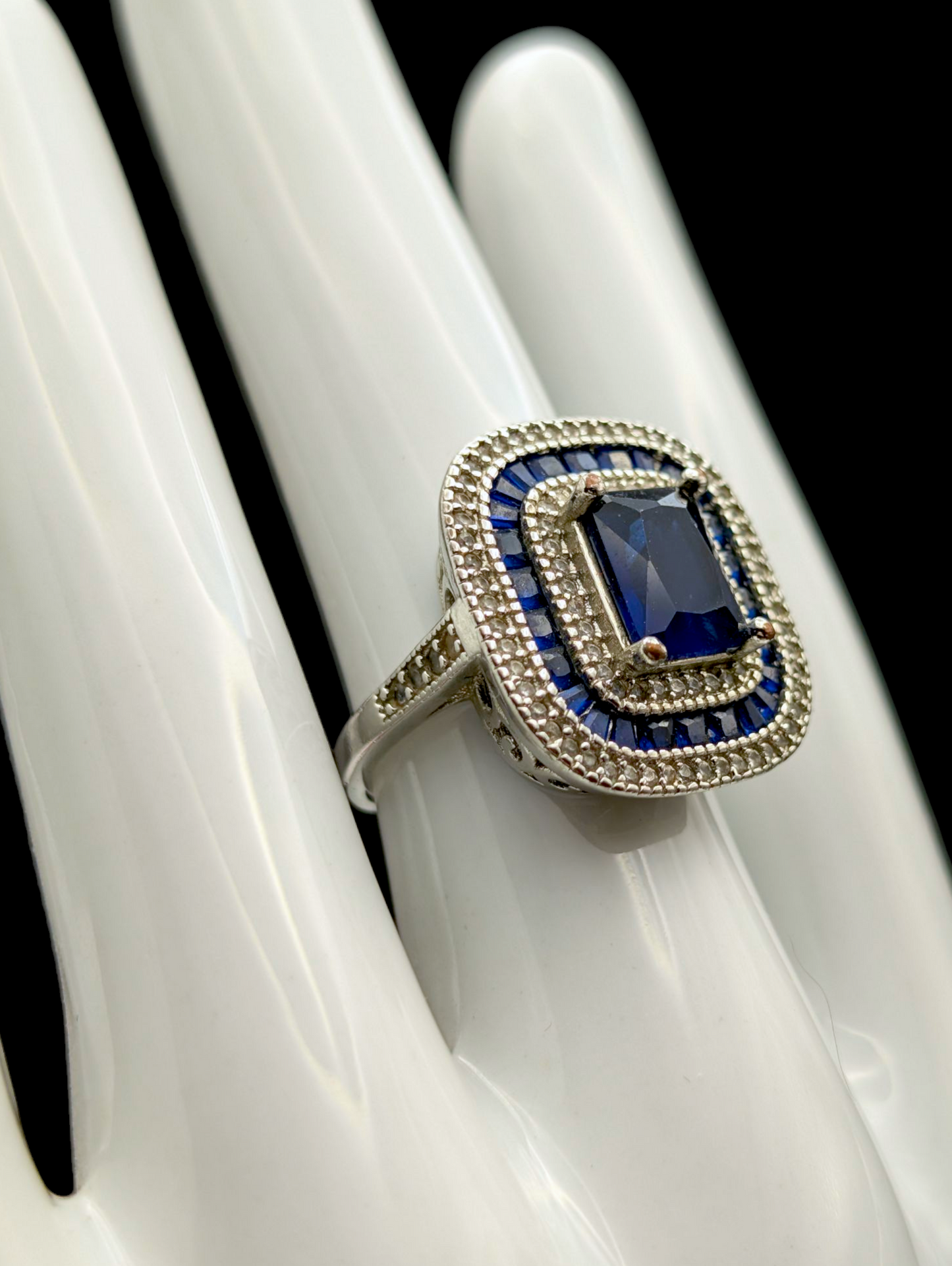 Vintage Art Deco Inspired Simulated Sapphire and Simulated Diamond Halo Silver Toned Statement Ring