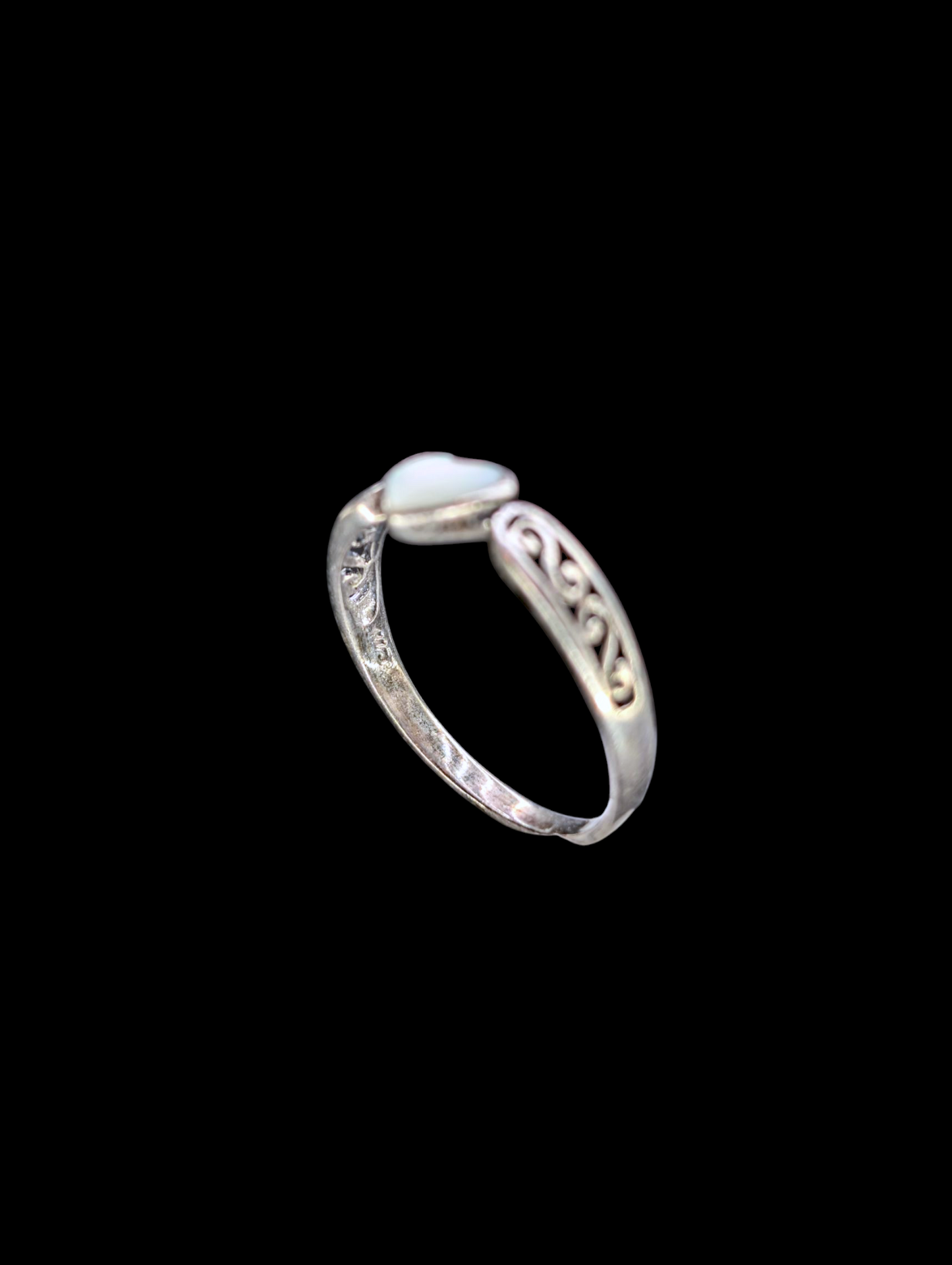 Vintage Heart Filigree Genuine Mother of Pearl Sterling Silver Ring