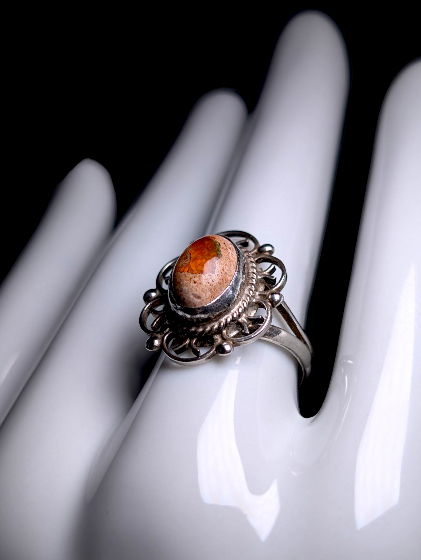 Vintage Cabochon Cut Earth Mined Genuine Mexican Boulder Fire Opal Sterling Silver Filigree Ring
